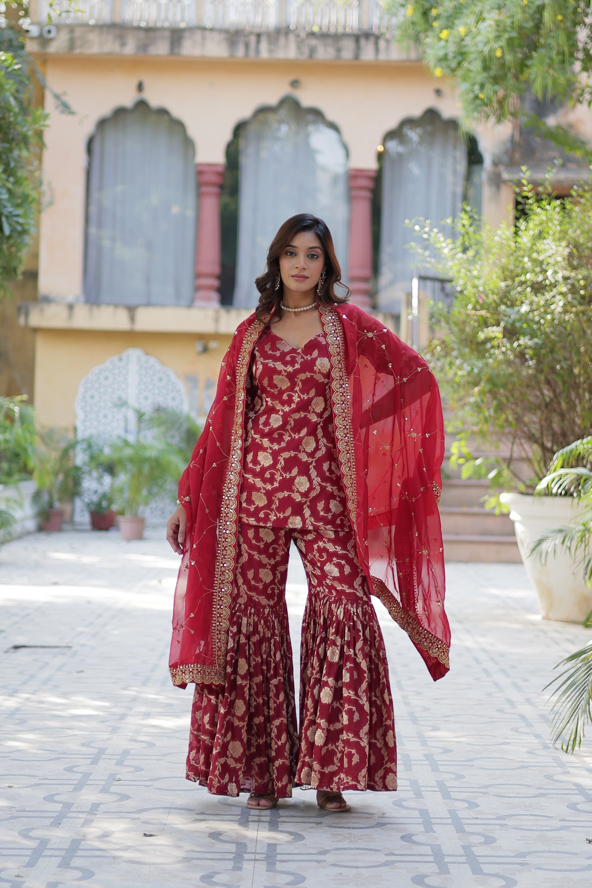Maroon viscose georgette jacquard Triya designer gharara suit