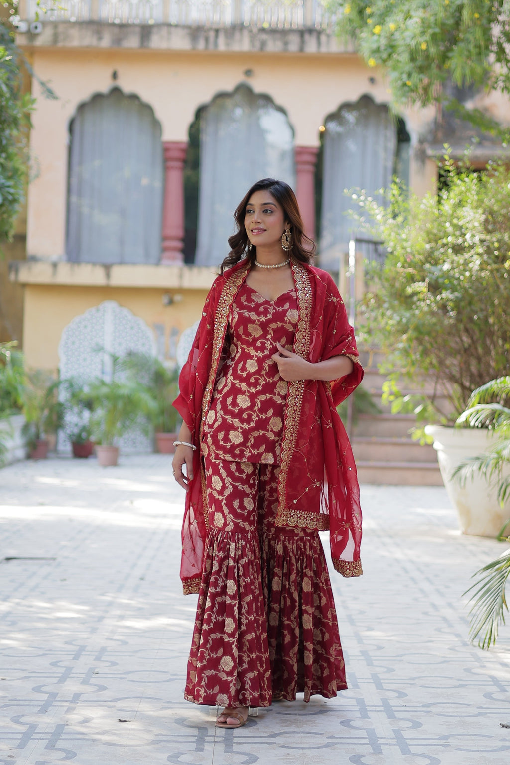 Maroon viscose georgette jacquard Triya designer gharara suit