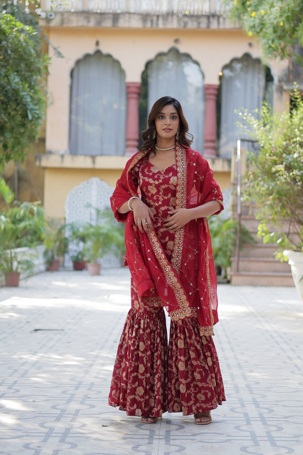 Maroon viscose georgette jacquard Triya designer gharara suit