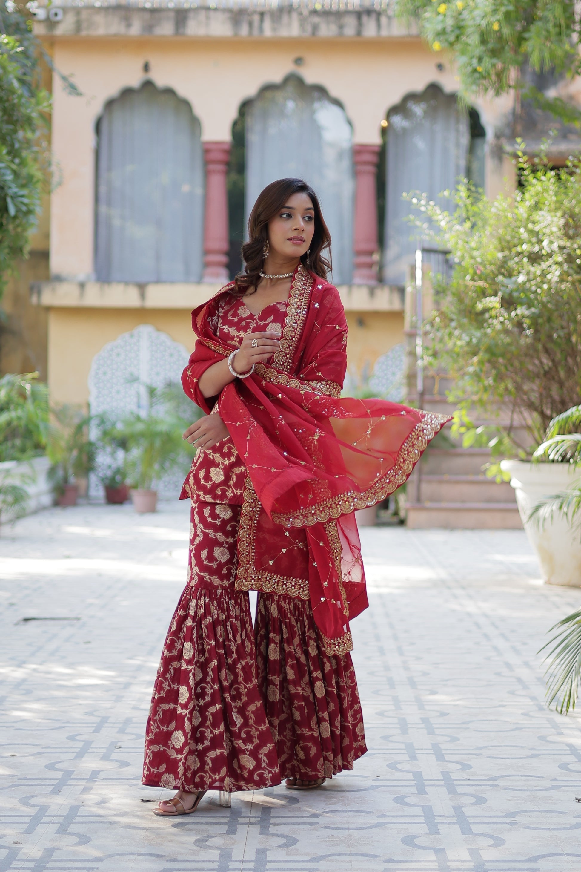 Maroon viscose georgette jacquard Triya designer gharara suit