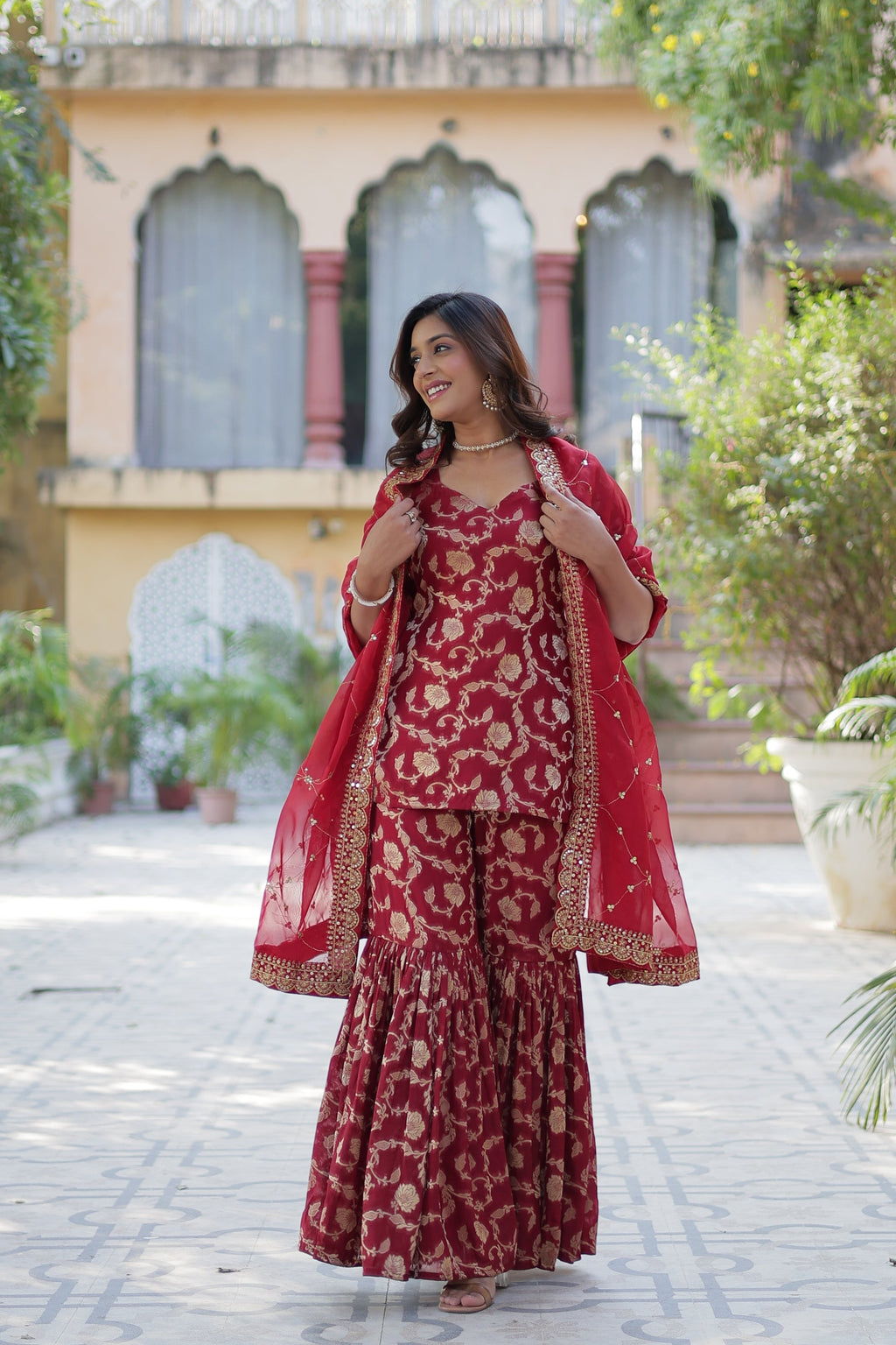 Maroon viscose georgette jacquard Triya designer gharara suit