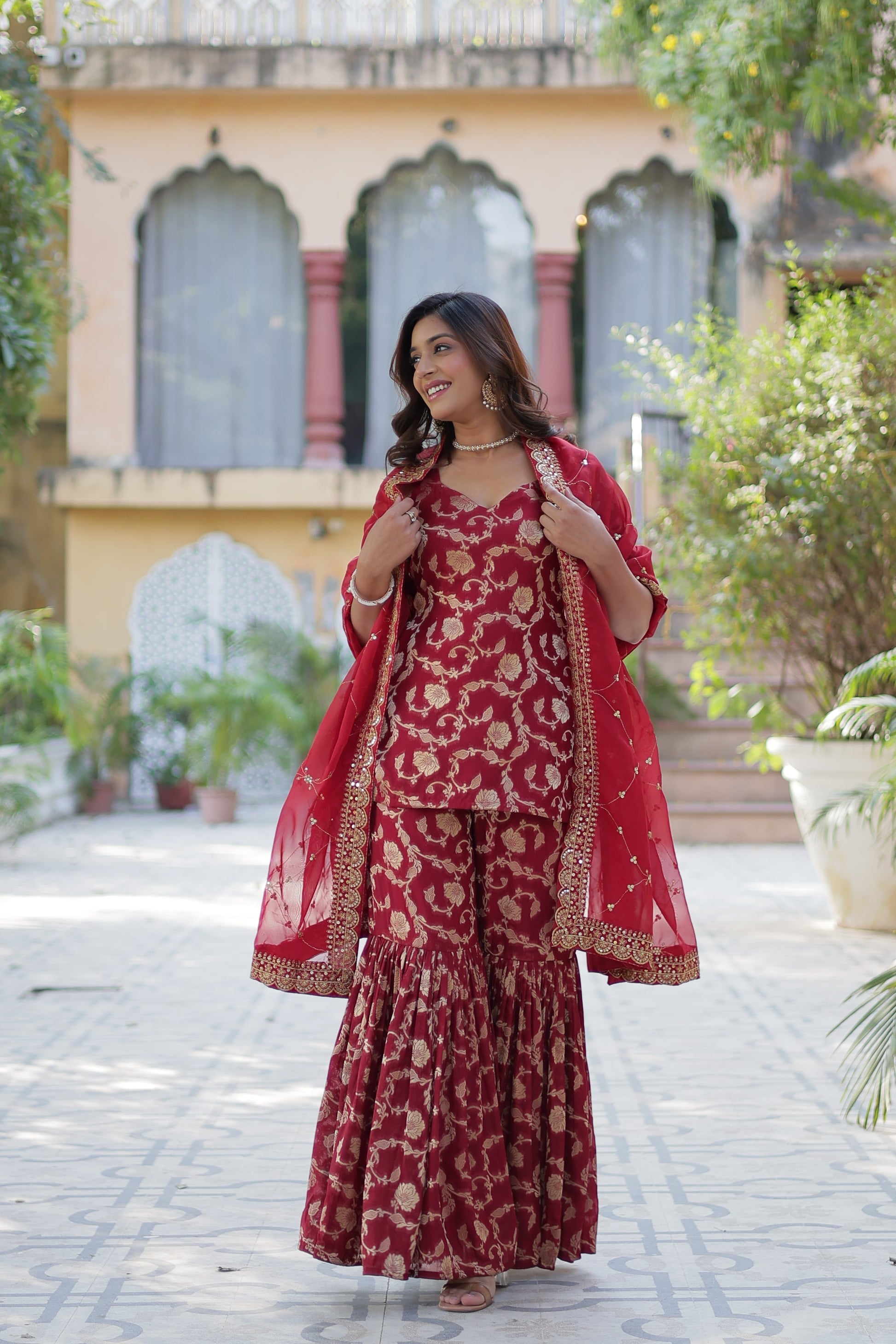 Maroon viscose georgette jacquard Triya designer gharara suit