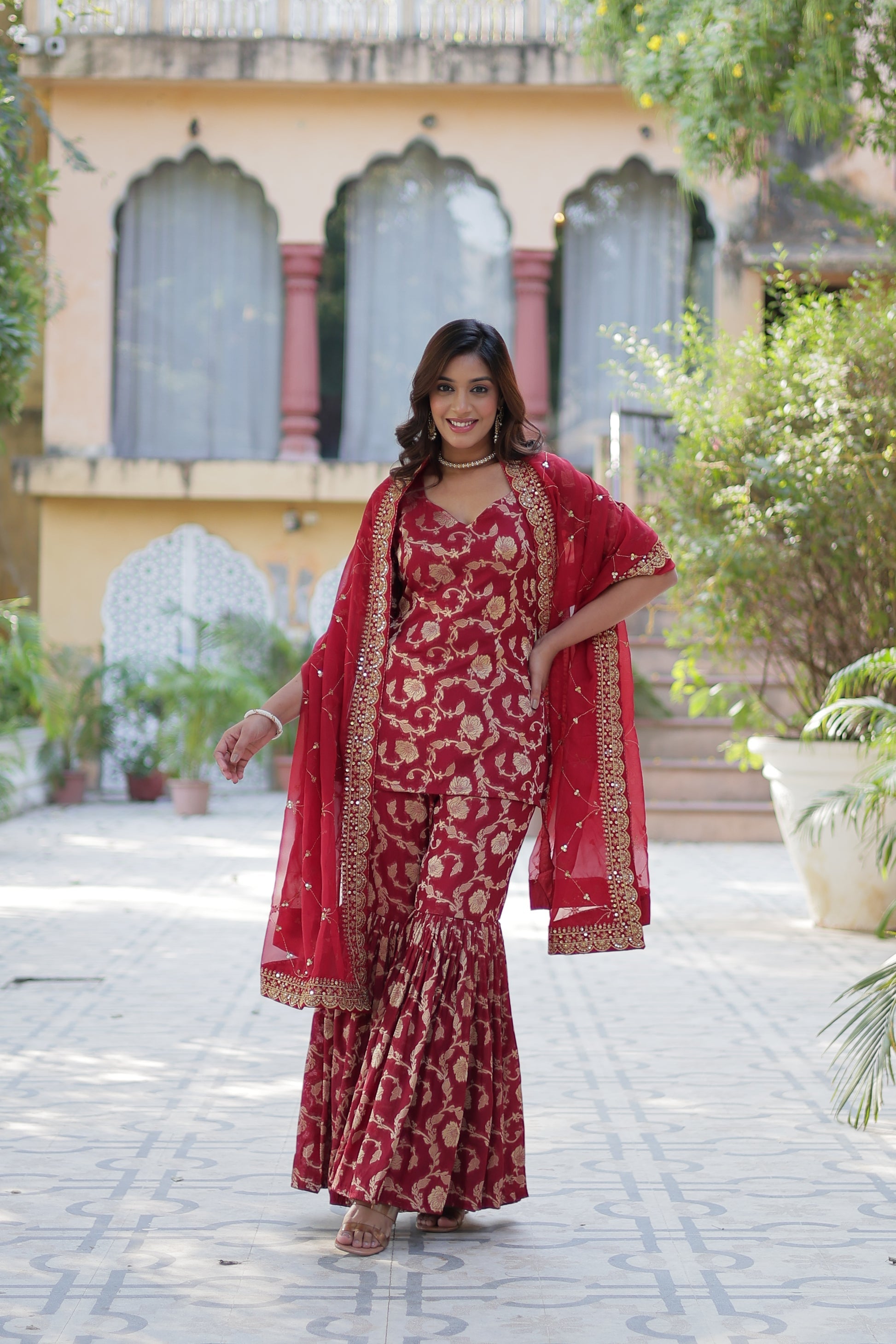 Maroon viscose georgette jacquard Triya designer gharara suit