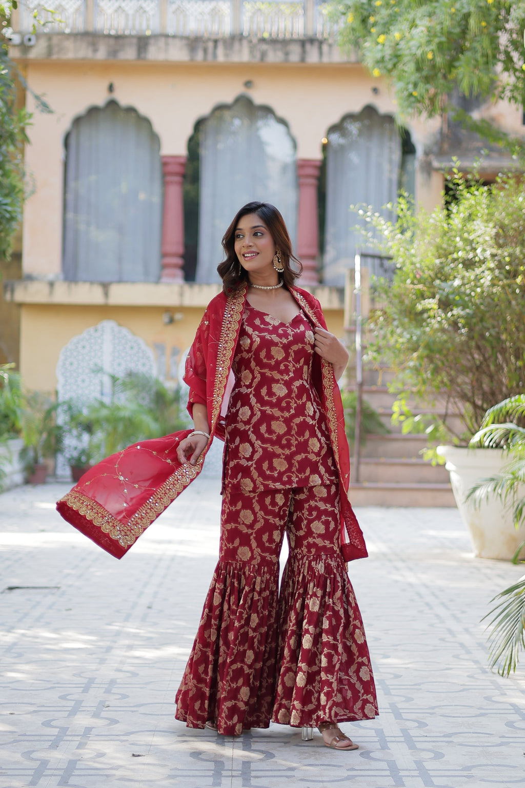 Maroon viscose georgette jacquard Triya designer gharara suit
