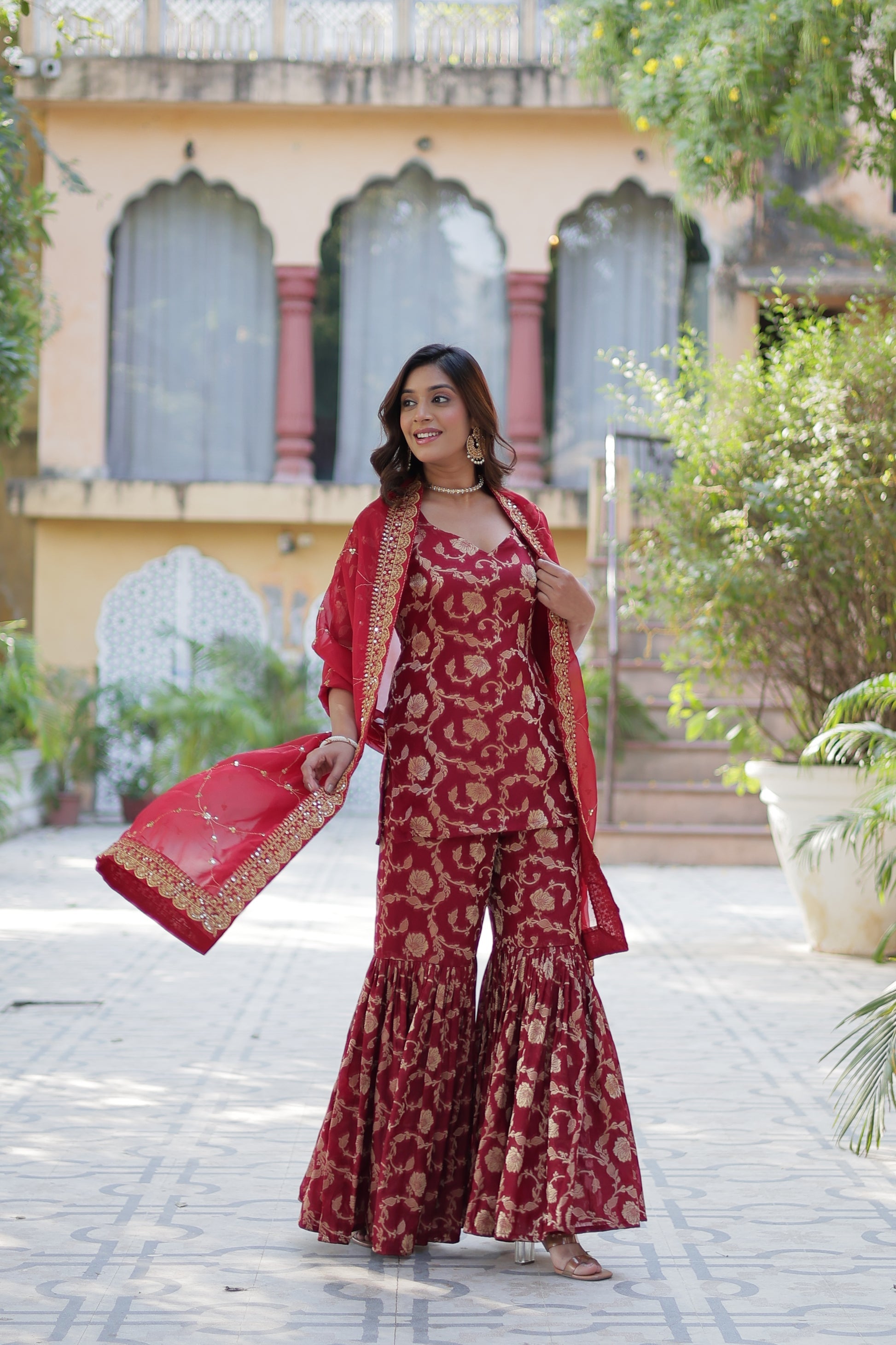 Maroon viscose georgette jacquard Triya designer gharara suit