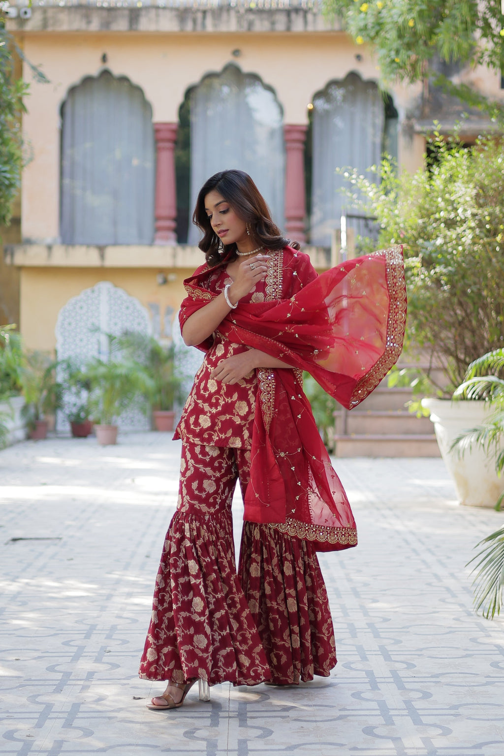 Maroon viscose georgette jacquard Triya designer gharara suit