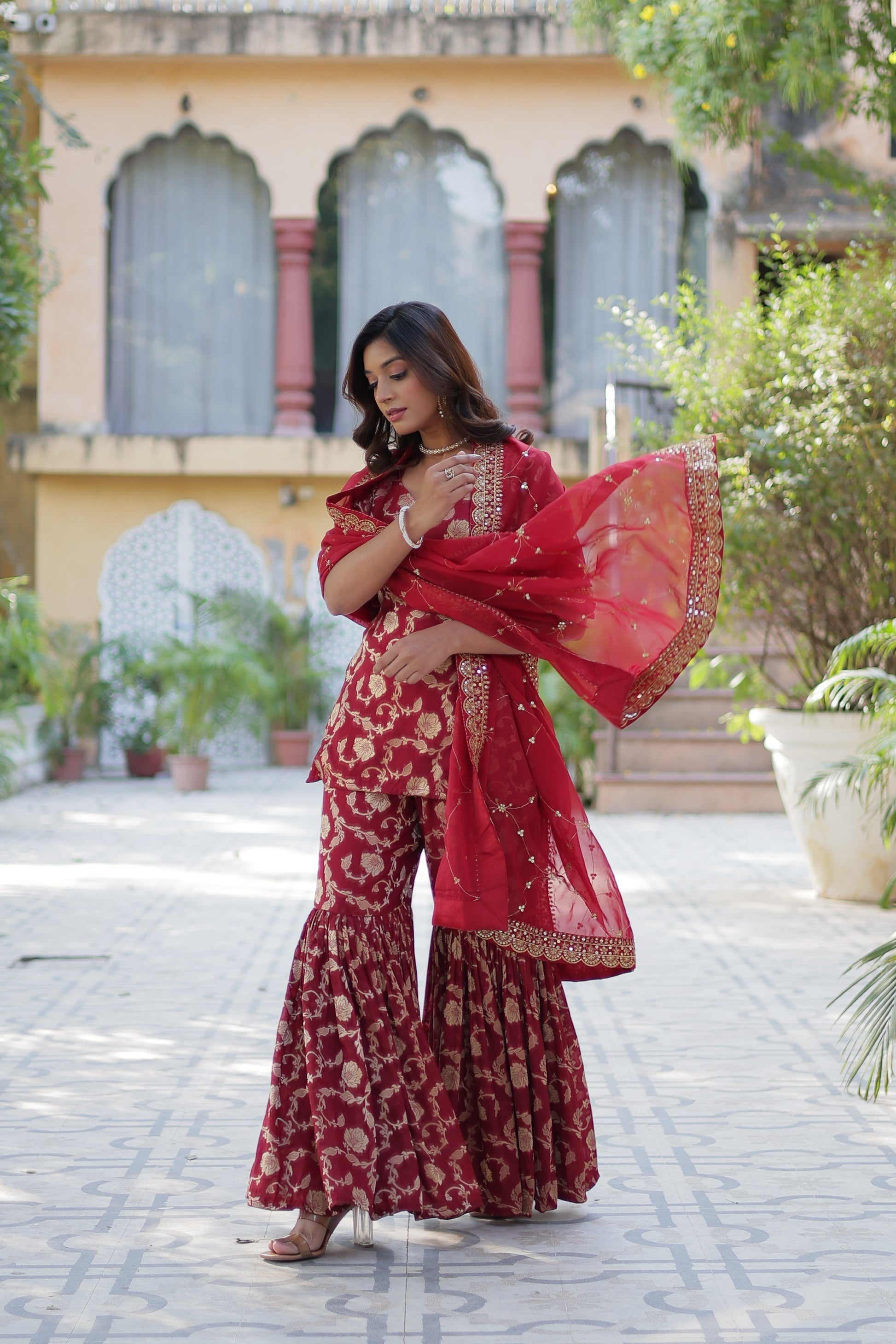Maroon viscose georgette jacquard Triya designer gharara suit