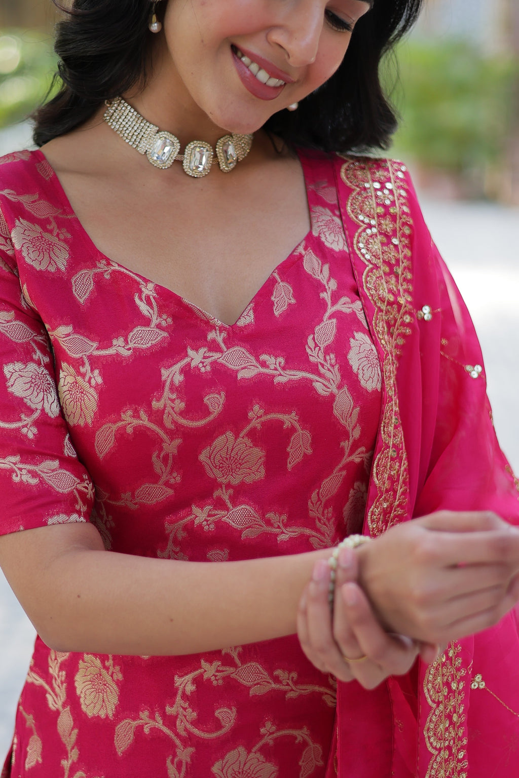 Pink viscose georgette jacquard Triya designer gharara suit