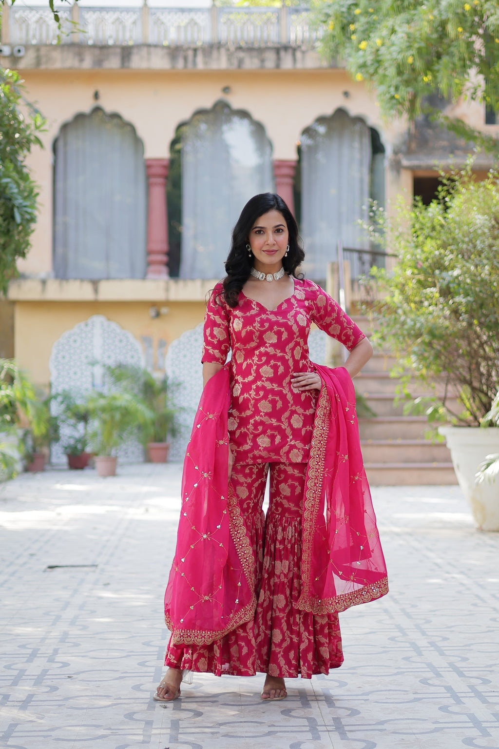 Pink viscose georgette jacquard Triya designer gharara suit