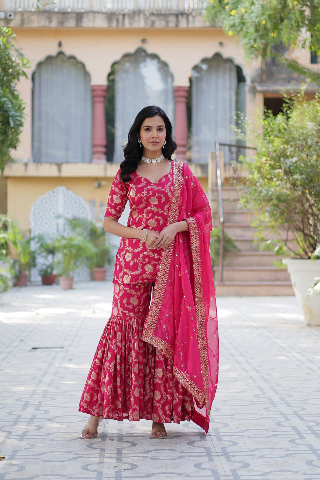 Pink viscose georgette jacquard Triya designer gharara suit