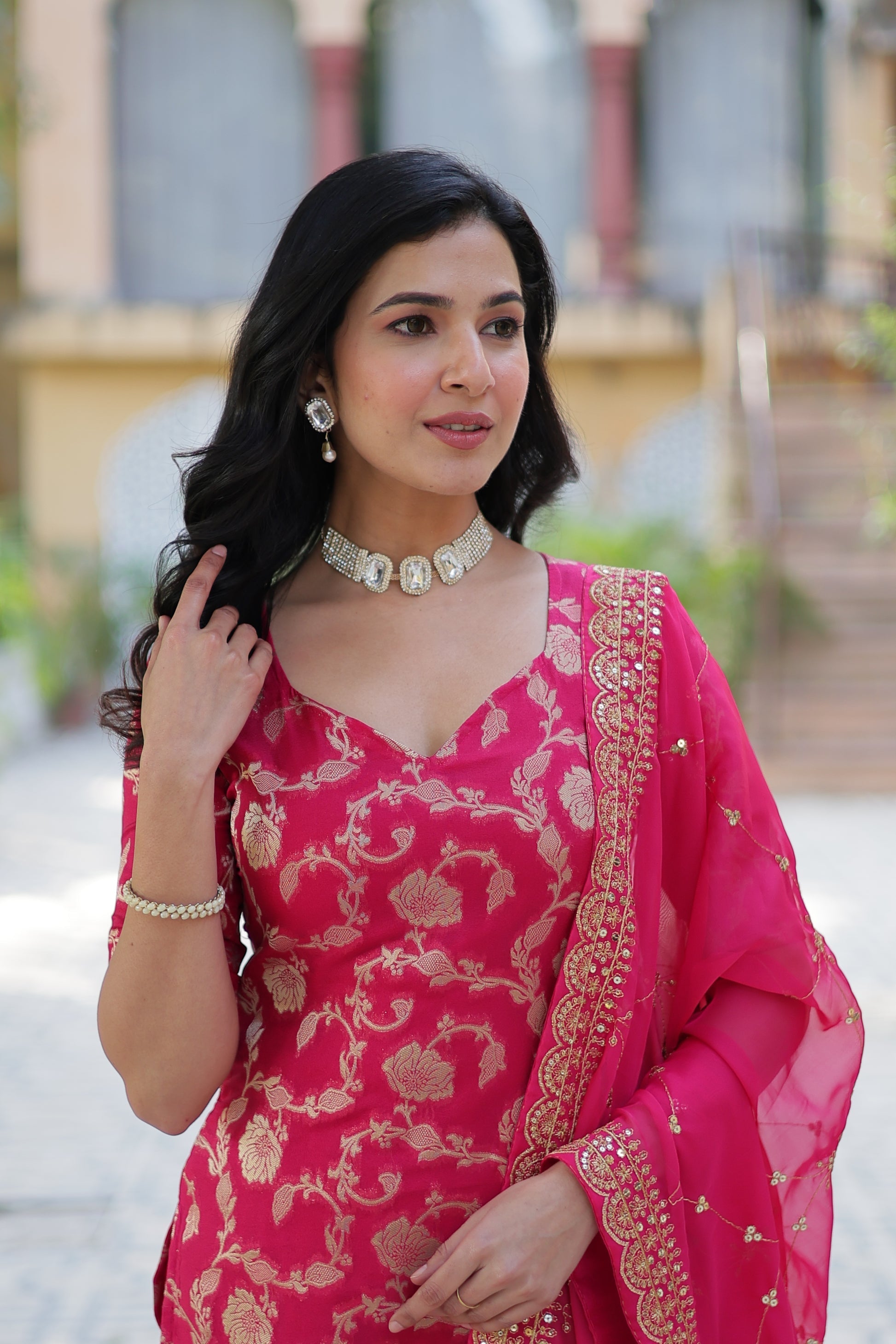 Pink viscose georgette jacquard Triya designer gharara suit