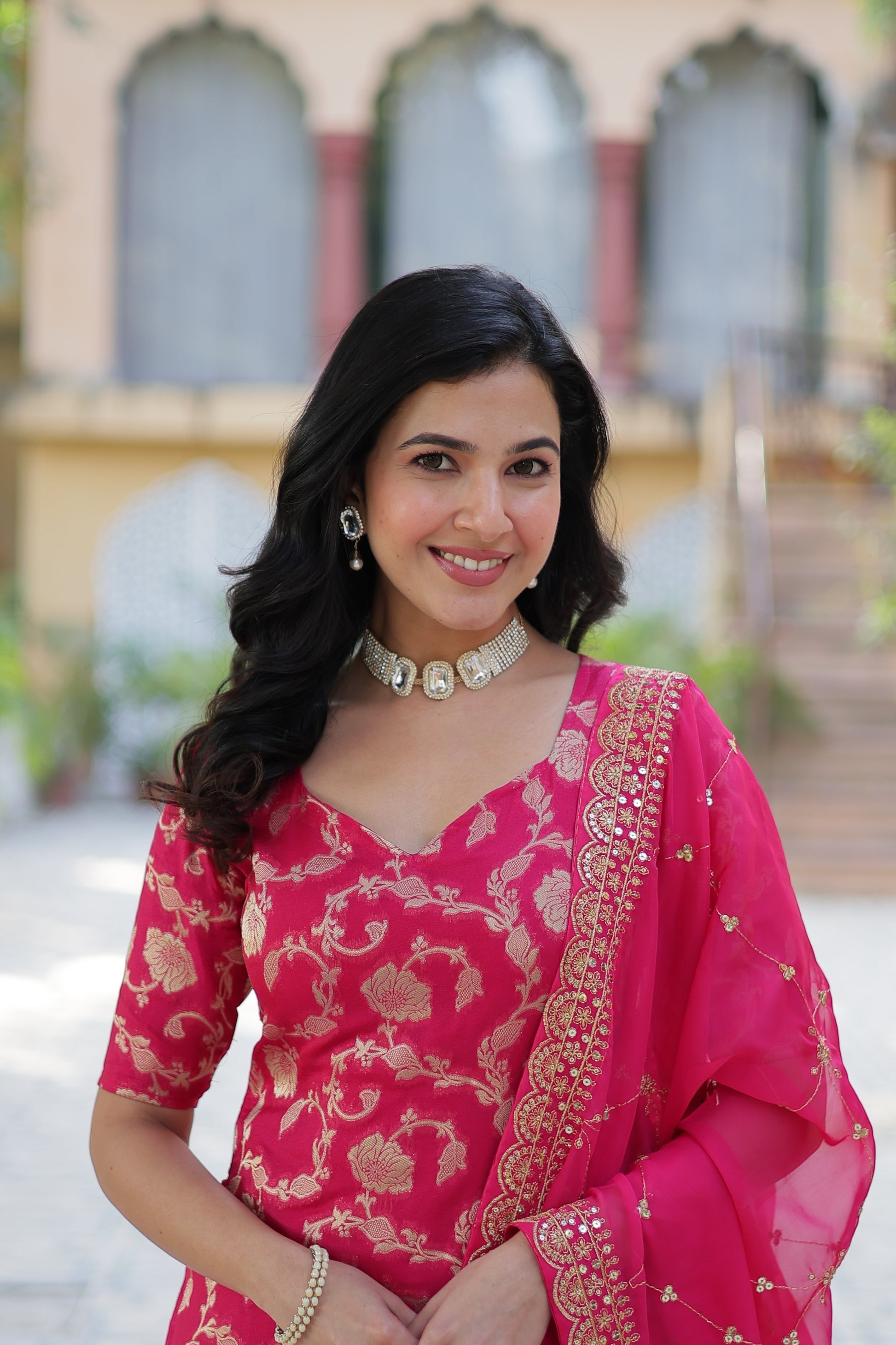 Pink viscose georgette jacquard Triya designer gharara suit