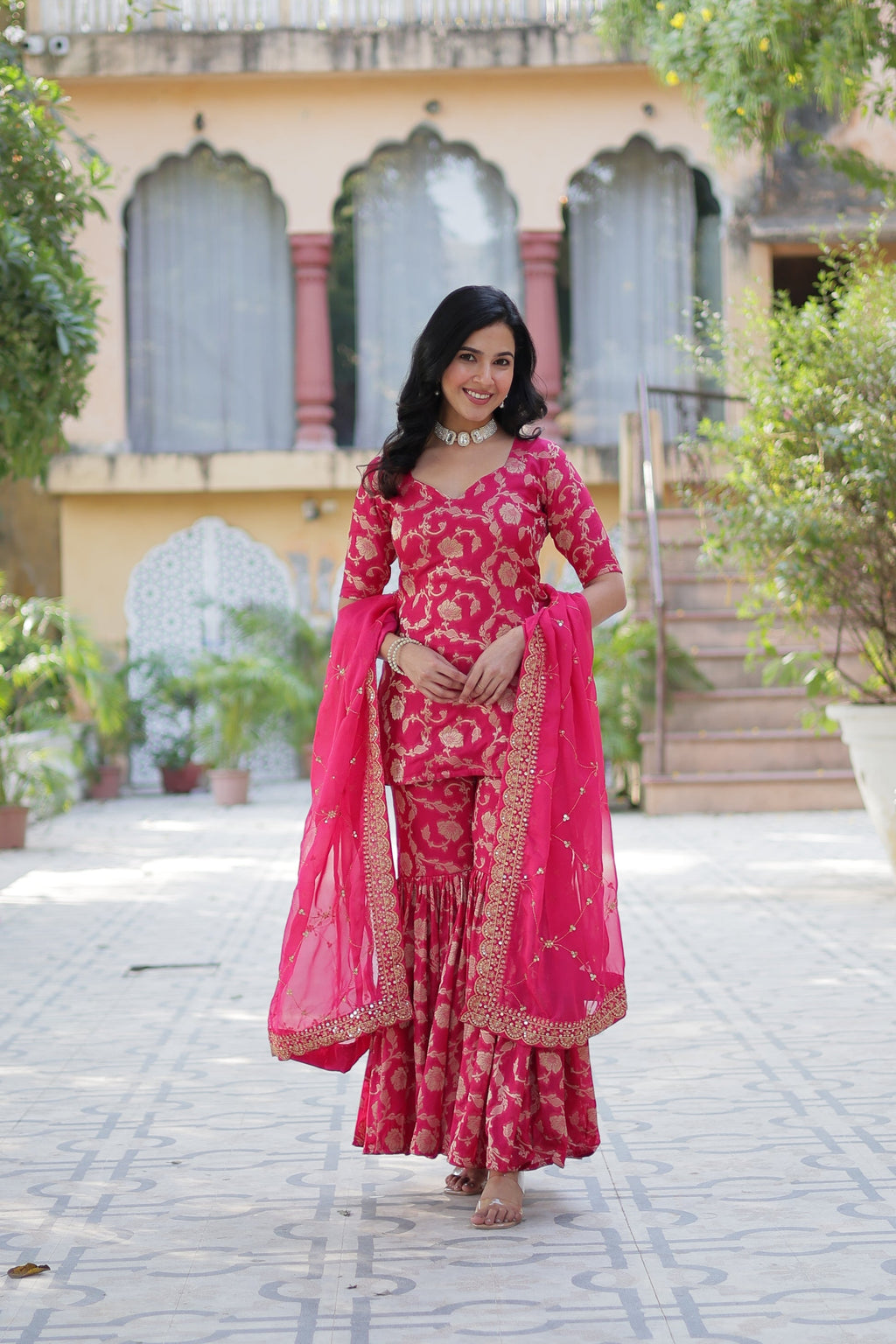 Pink viscose georgette jacquard Triya designer gharara suit