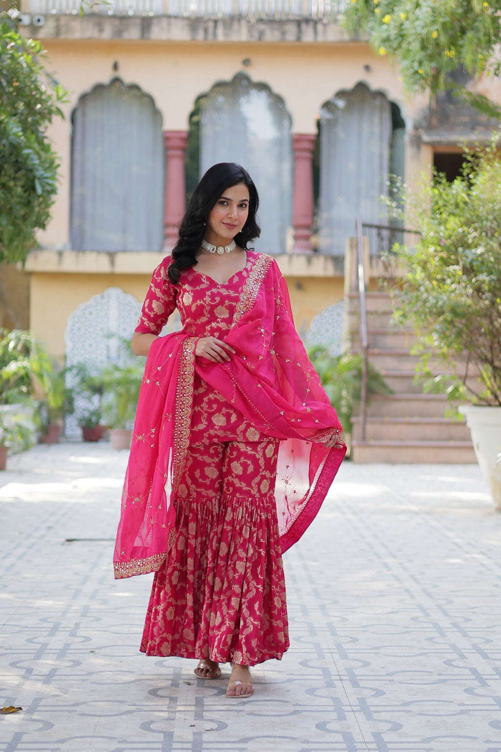 Pink viscose georgette jacquard Triya designer gharara suit