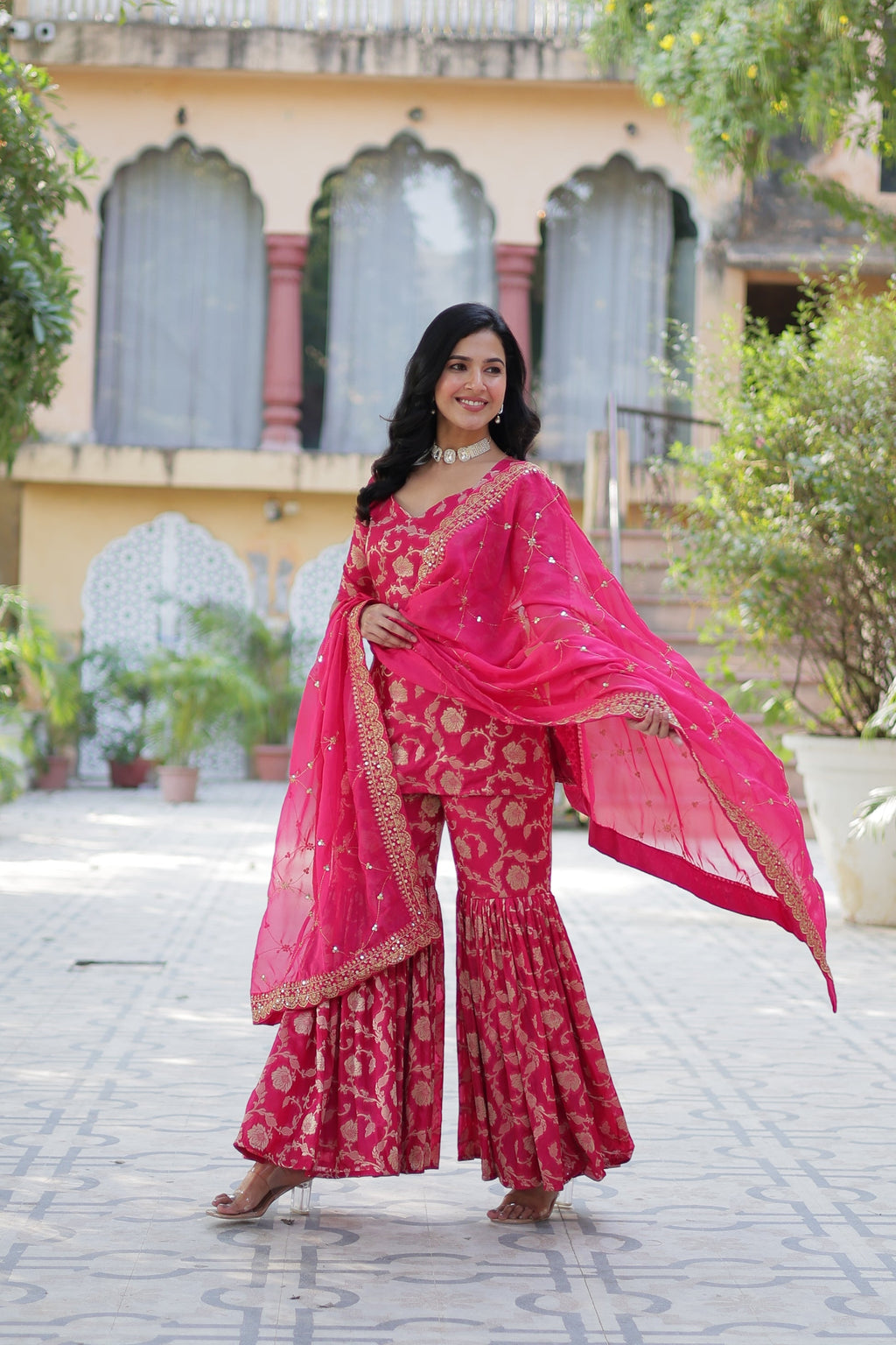 Pink viscose georgette jacquard Triya designer gharara suit