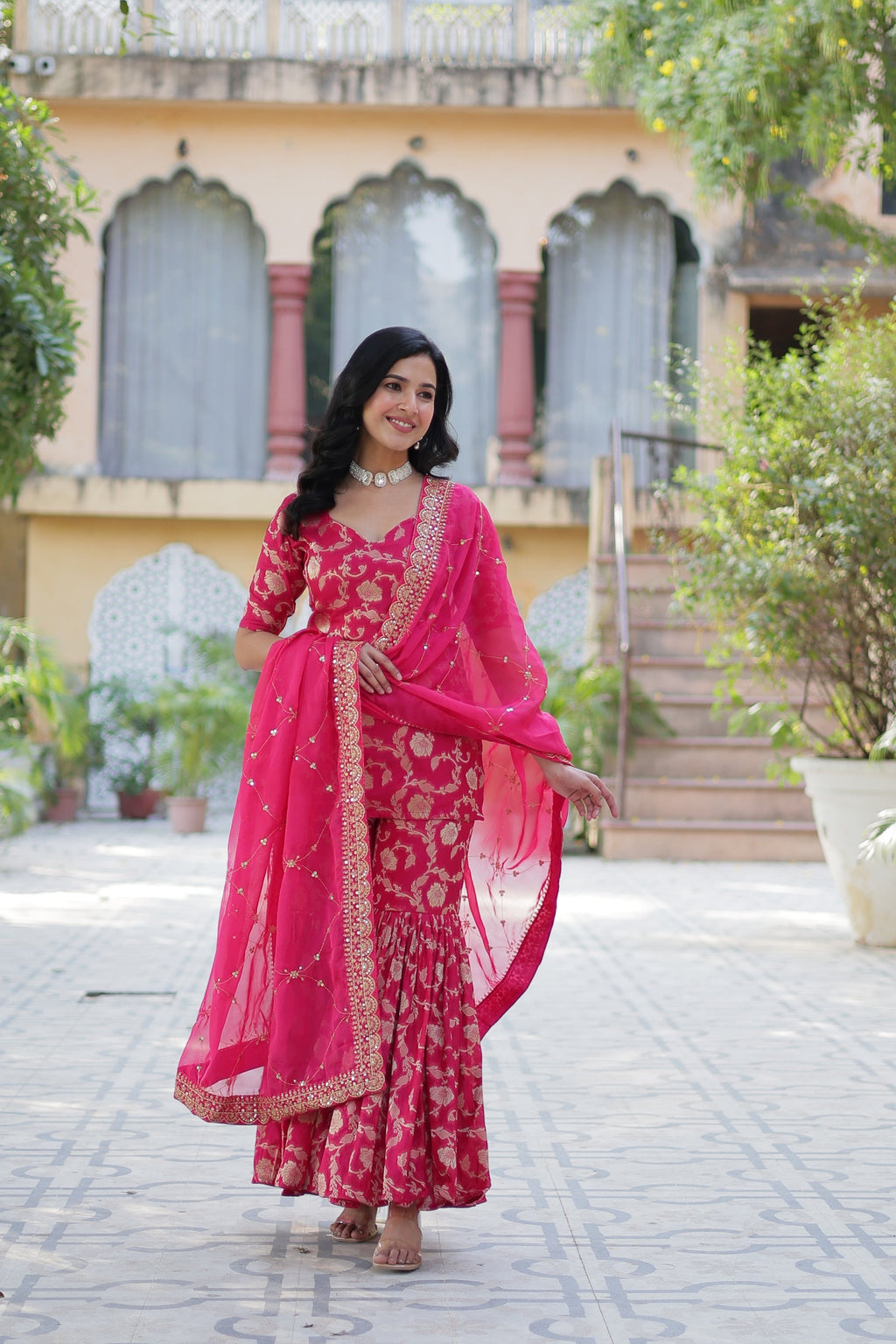 Pink viscose georgette jacquard Triya designer gharara suit
