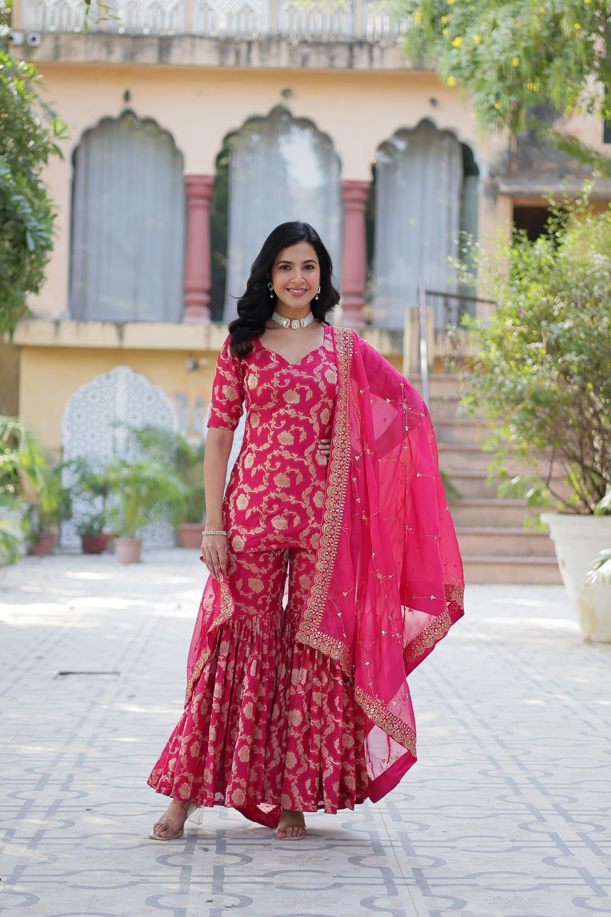 Pink viscose georgette jacquard Triya designer gharara suit