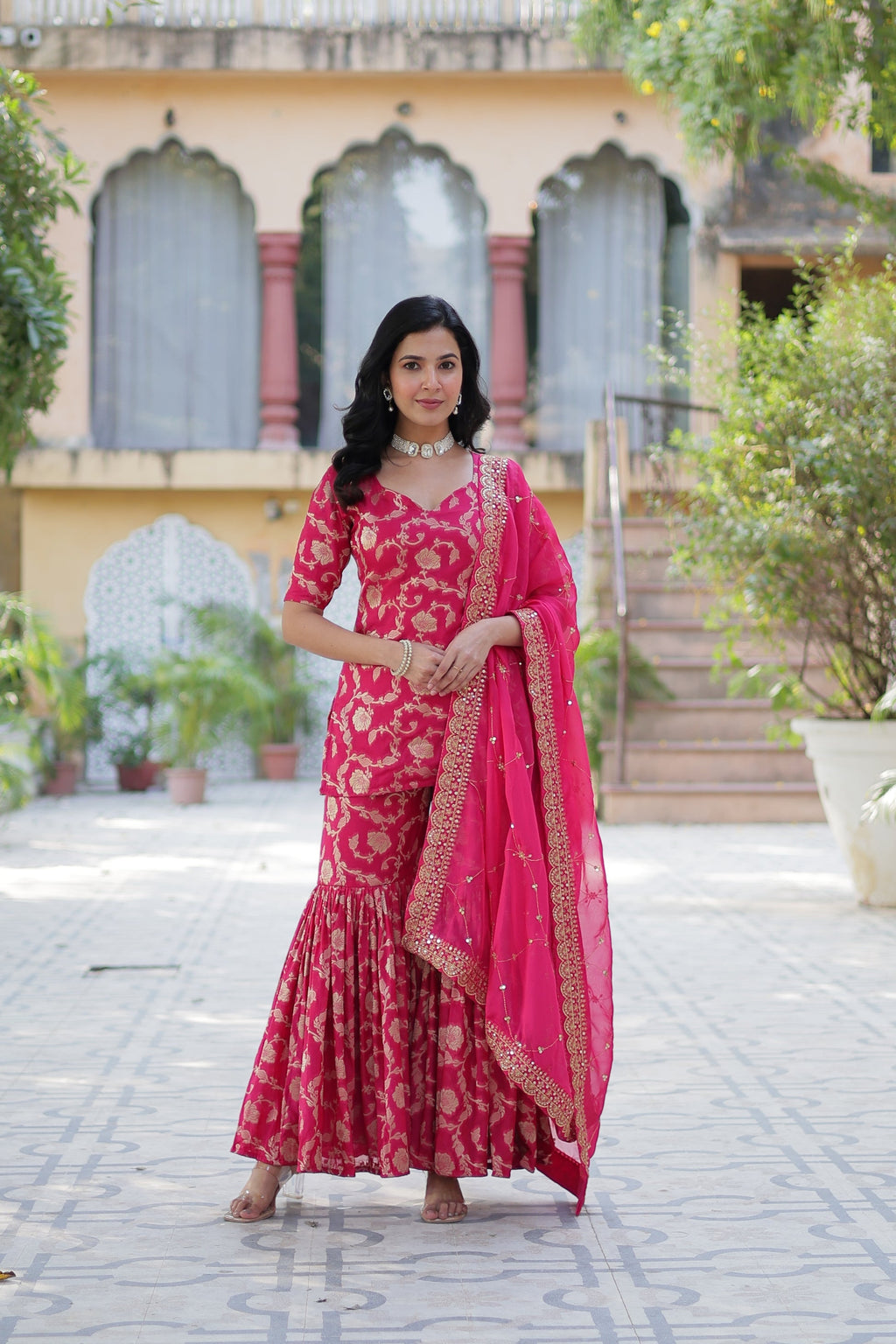 Pink viscose georgette jacquard Triya designer gharara suit