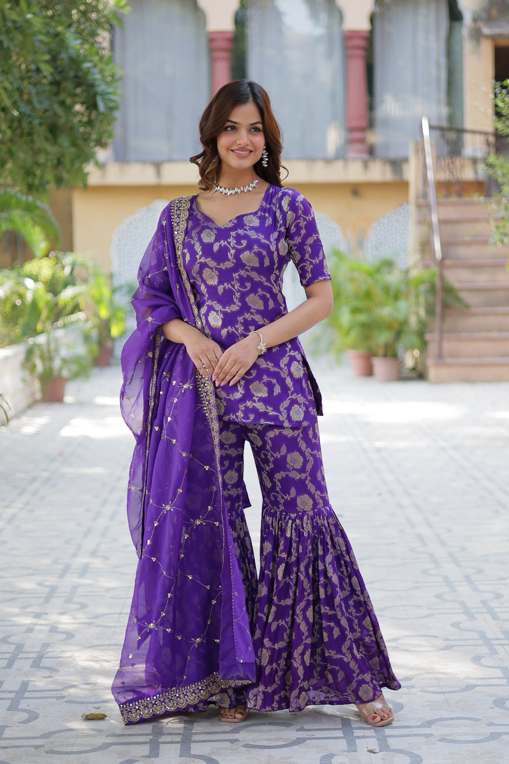 Purple viscose georgette jacquard Triya designer gharara suit