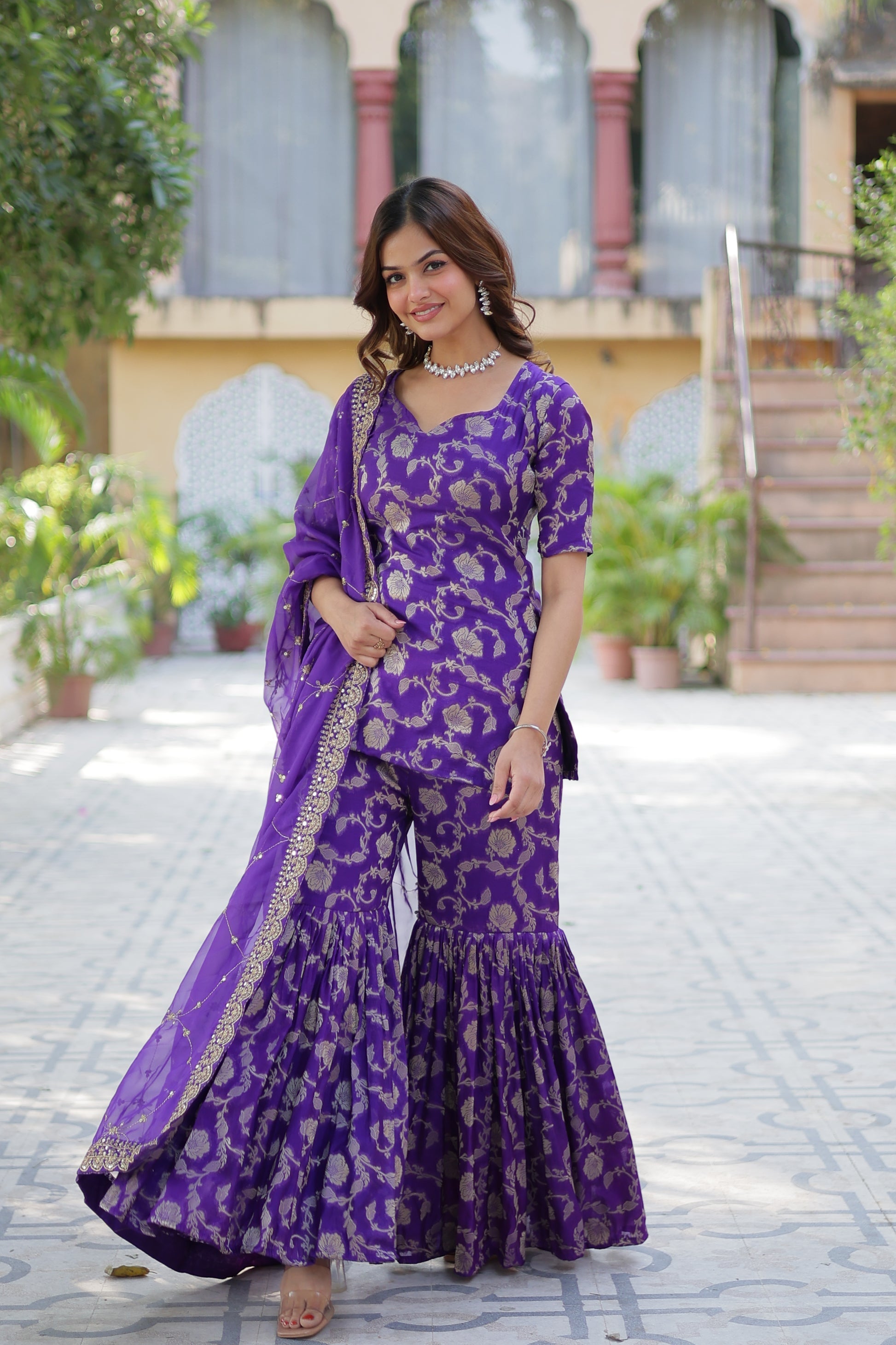 Purple viscose georgette jacquard Triya designer gharara suit