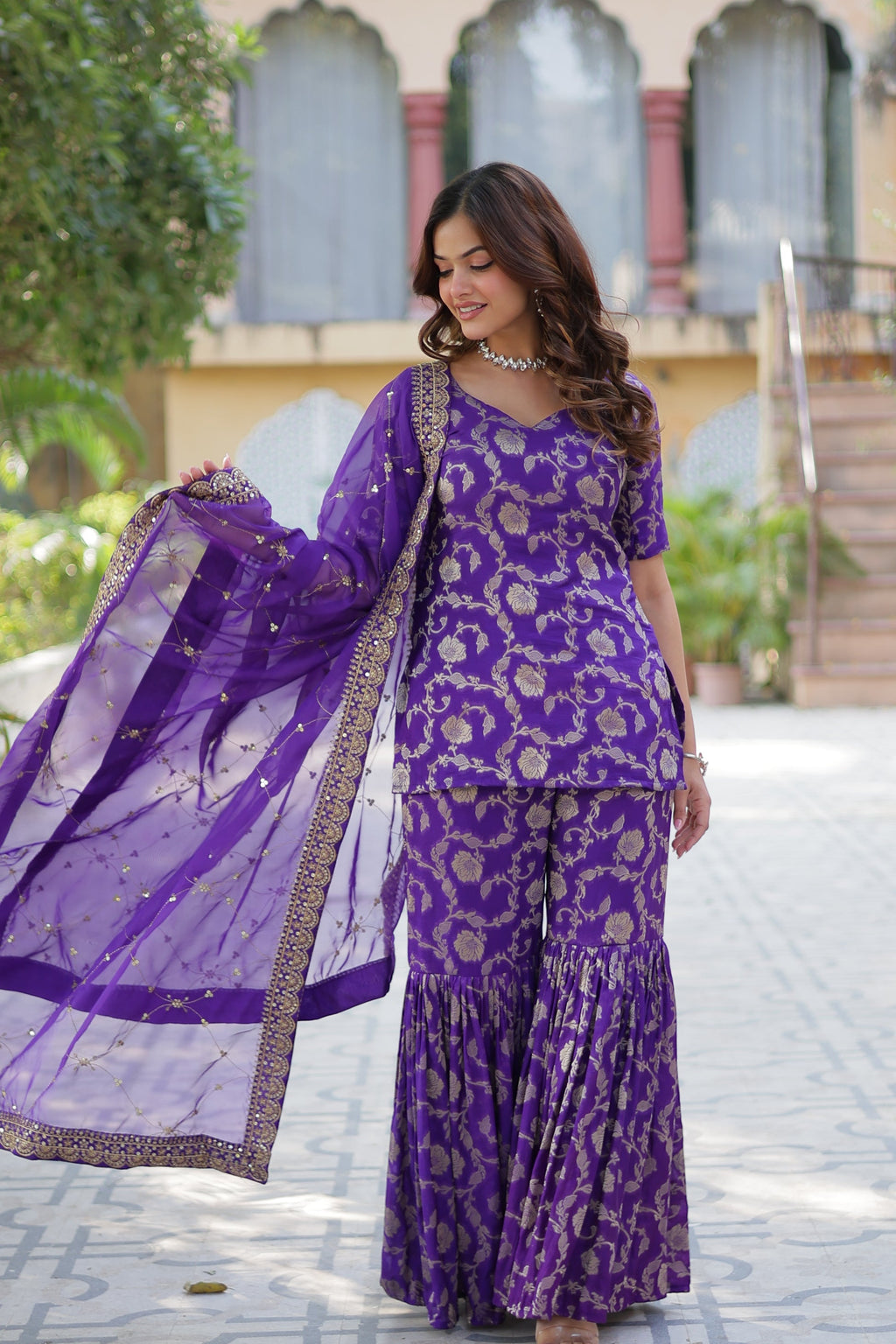 Purple viscose georgette jacquard Triya designer gharara suit