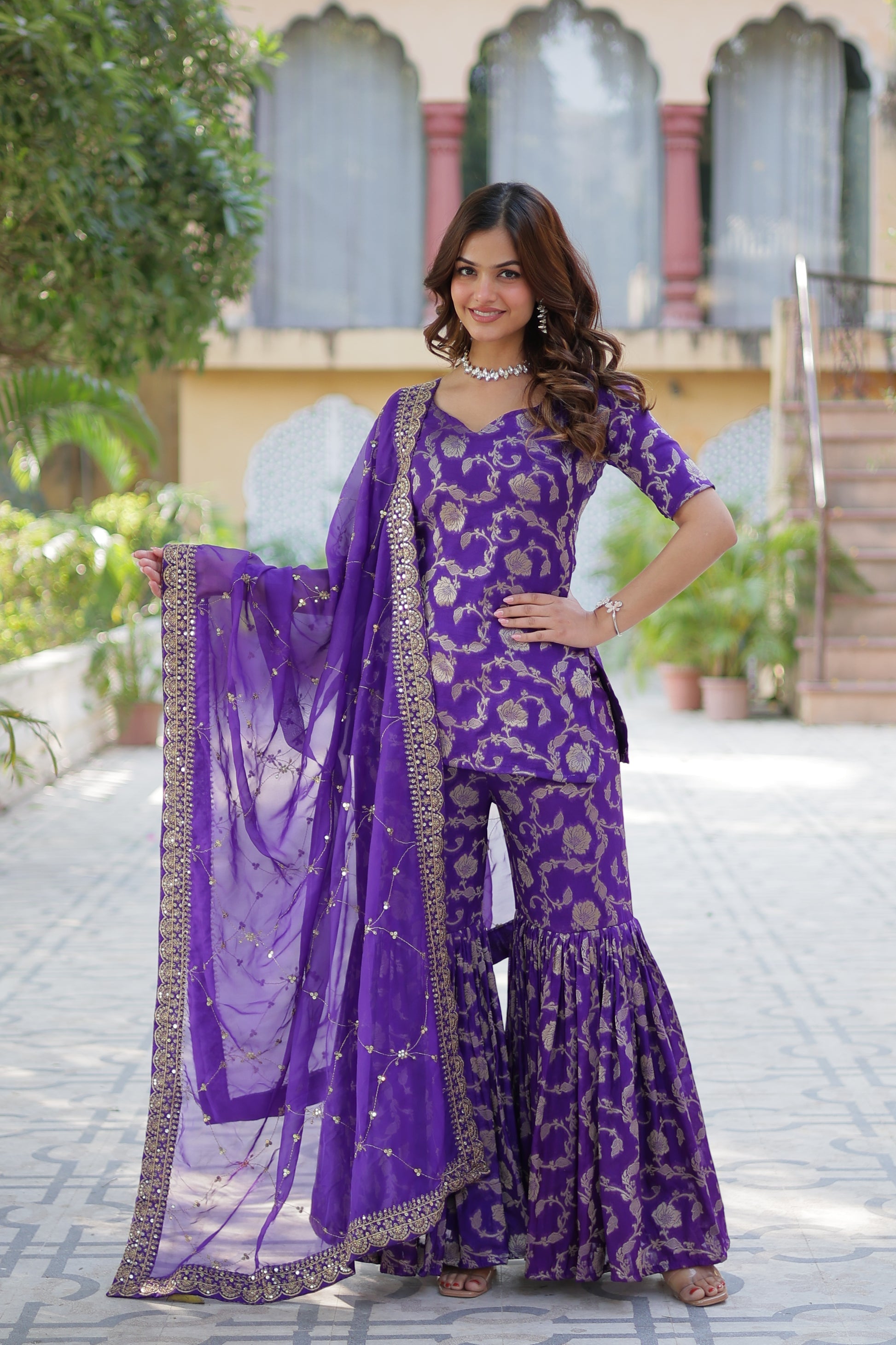 Purple viscose georgette jacquard Triya designer gharara suit