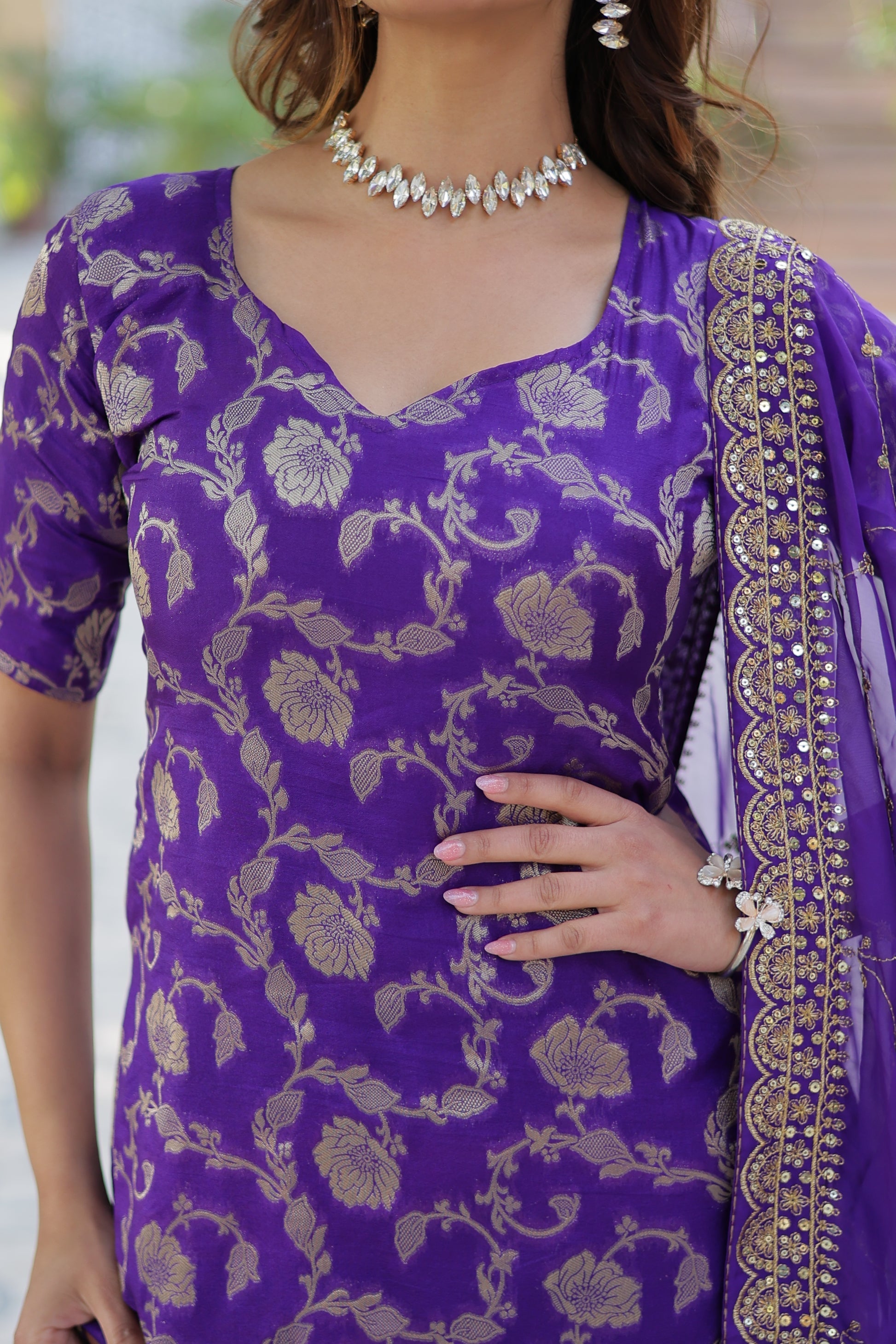 Purple viscose georgette jacquard Triya designer gharara suit