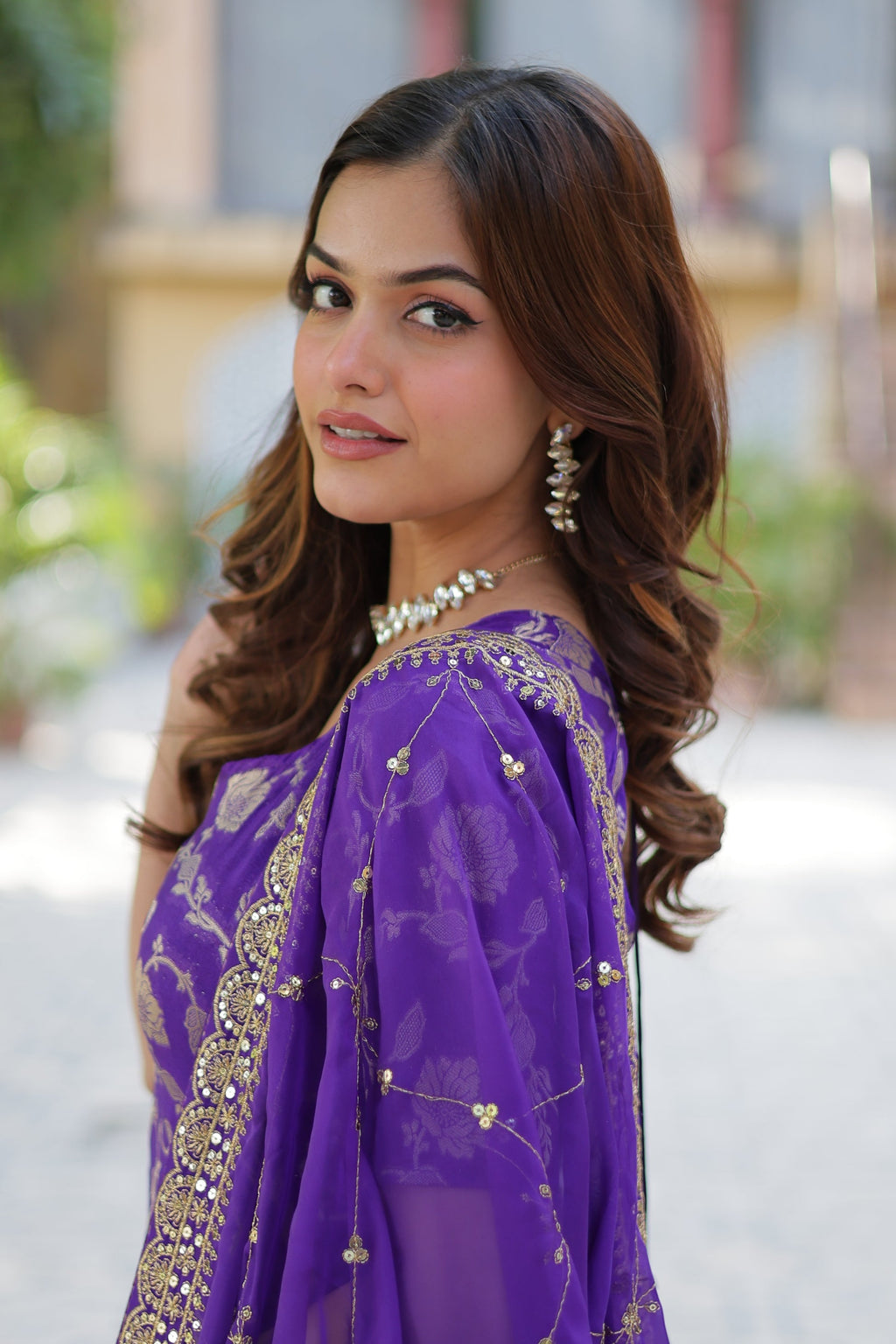 Purple viscose georgette jacquard Triya designer gharara suit