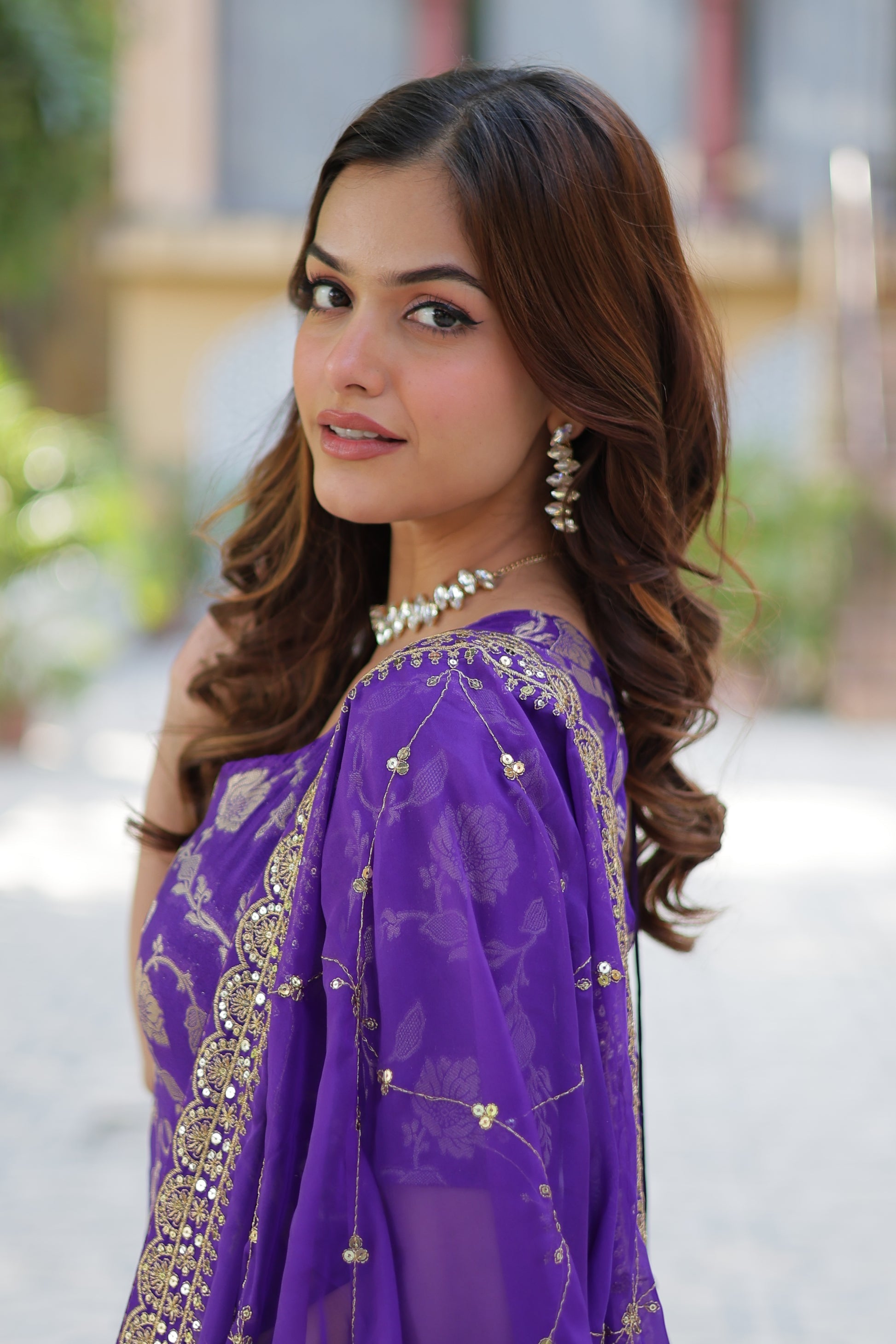 Purple viscose georgette jacquard Triya designer gharara suit
