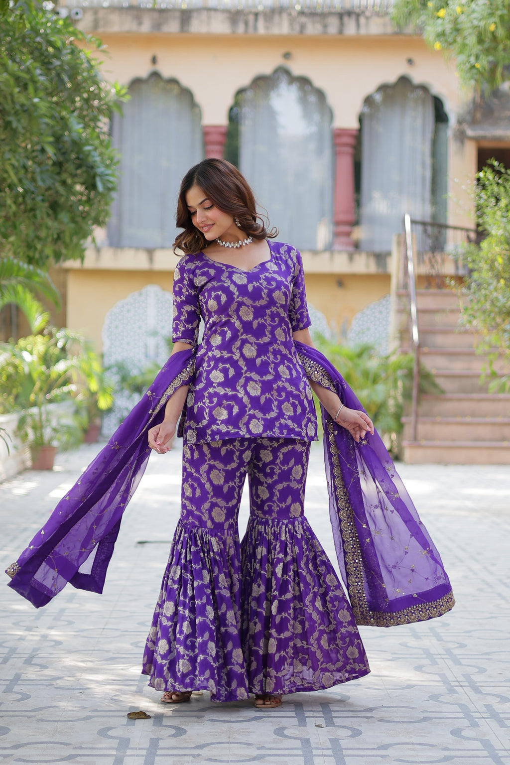 Purple viscose georgette jacquard Triya designer gharara suit