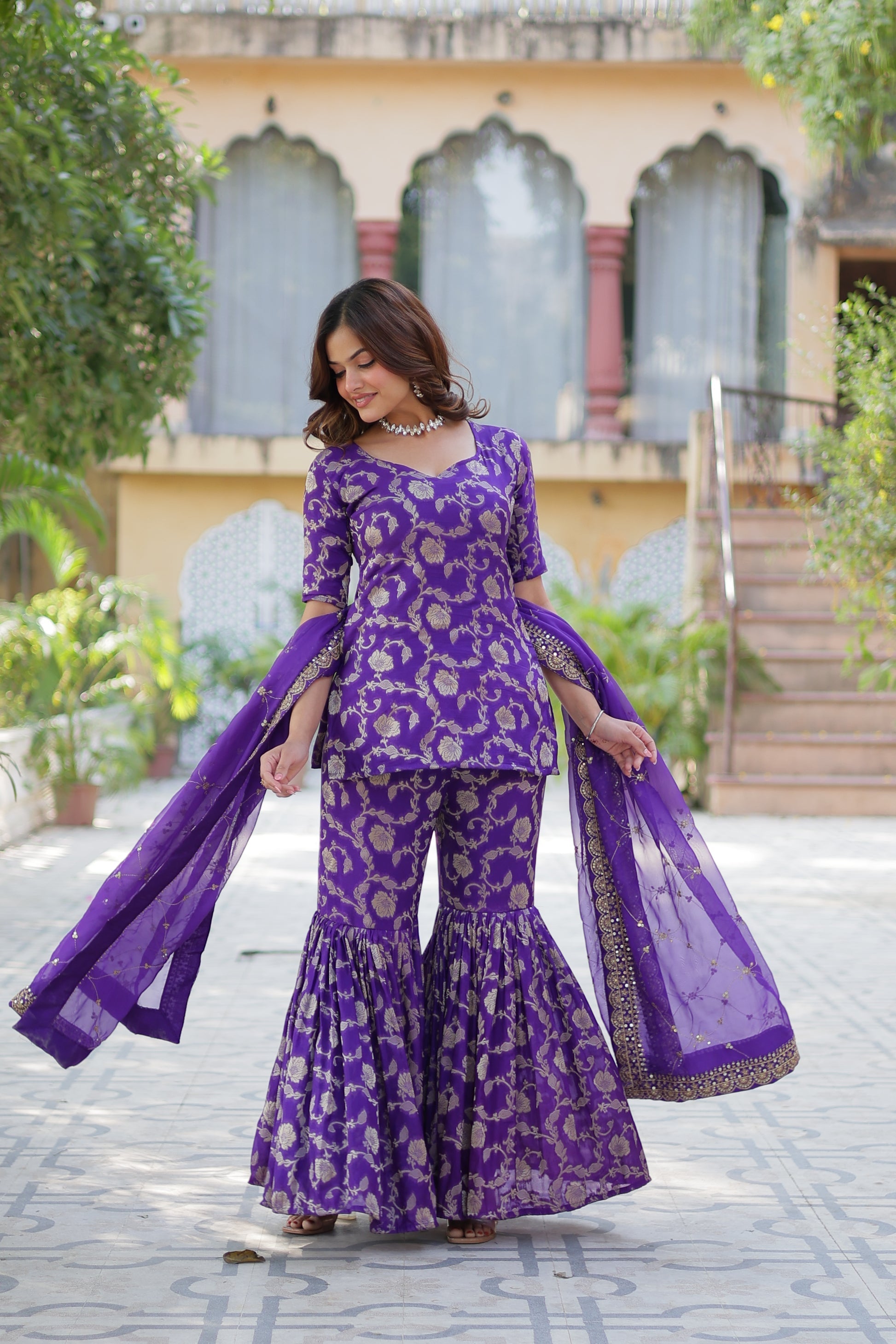 Purple viscose georgette jacquard Triya designer gharara suit