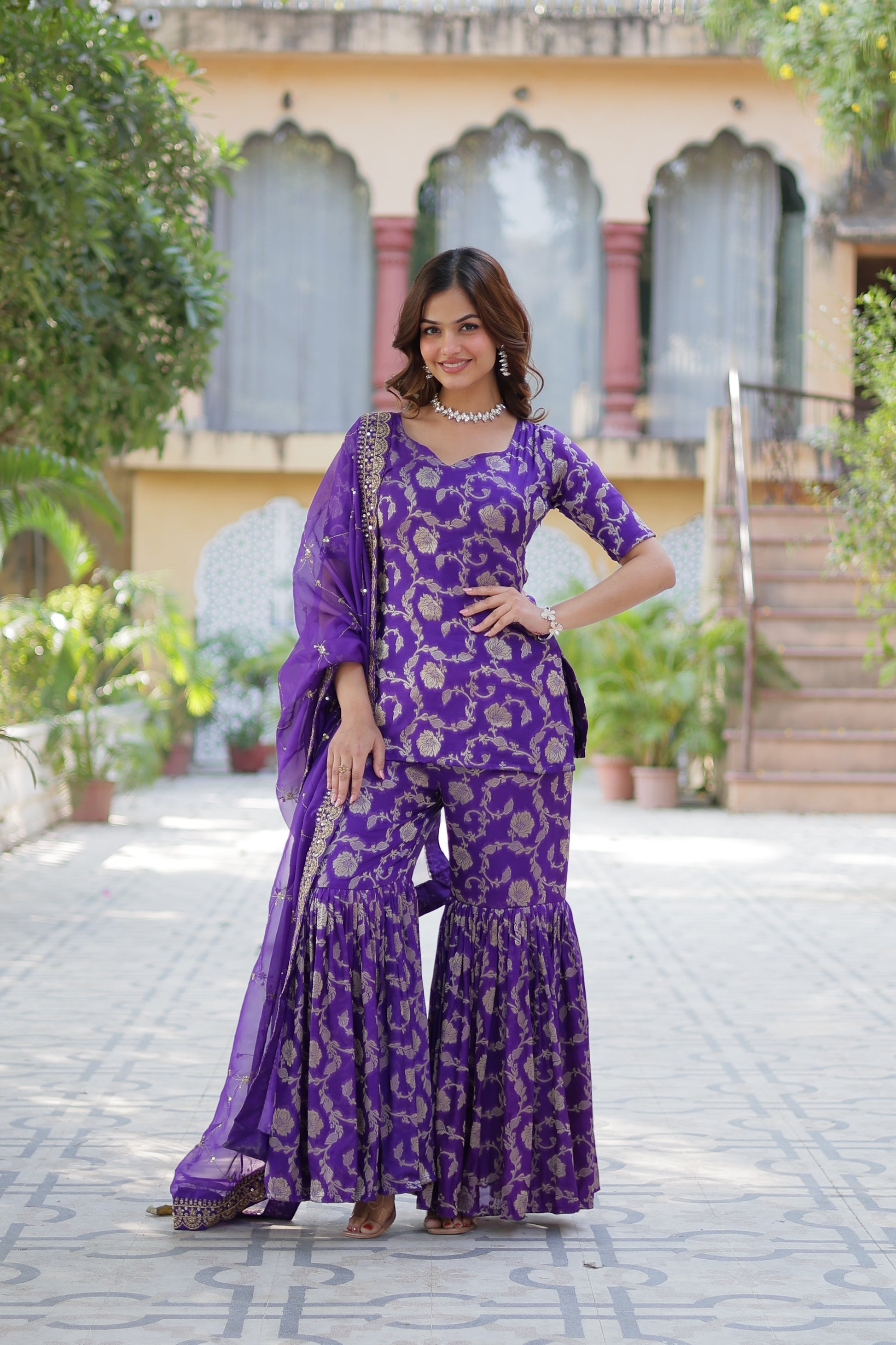 Purple viscose georgette jacquard Triya designer gharara suit