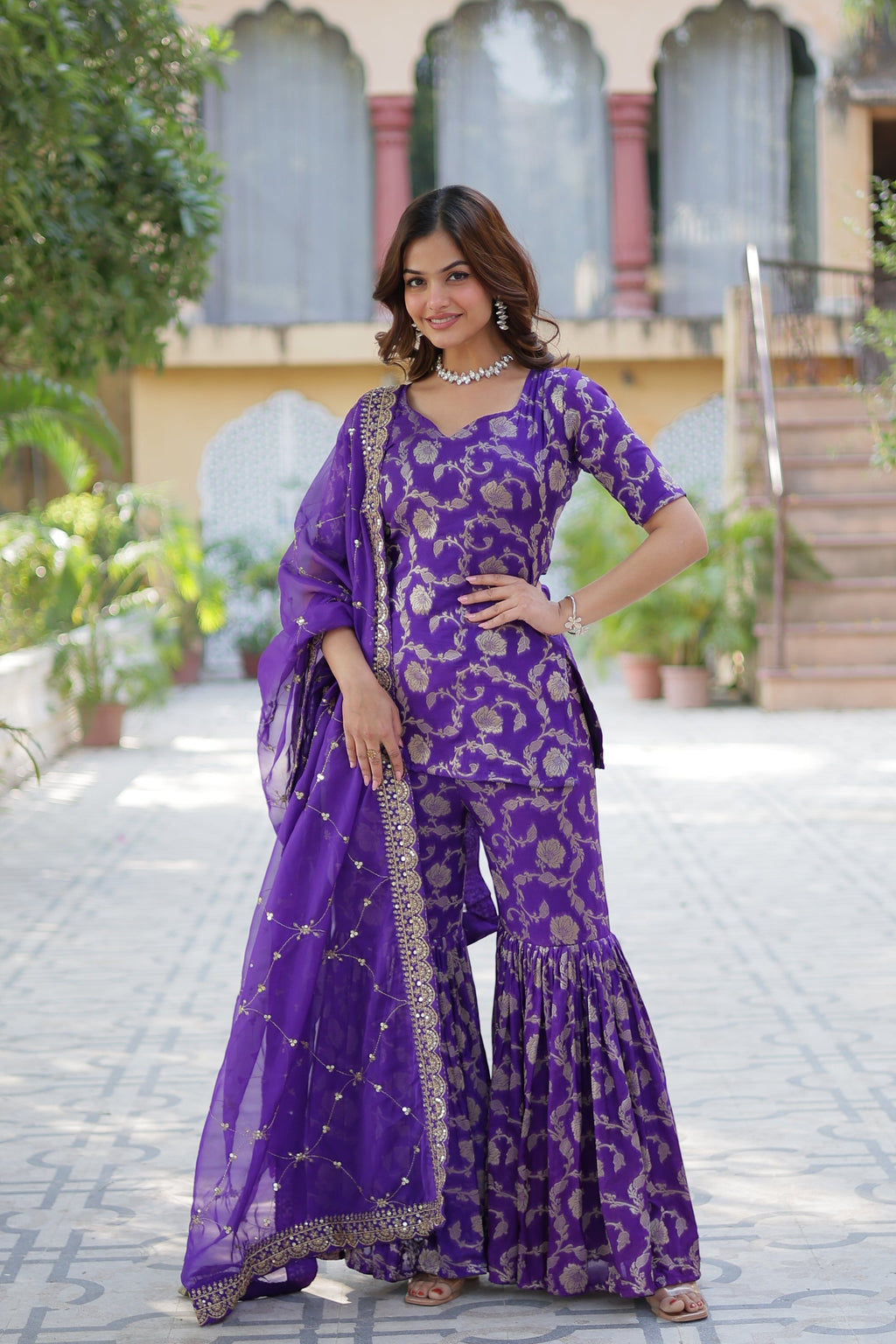 Purple viscose georgette jacquard Triya designer gharara suit