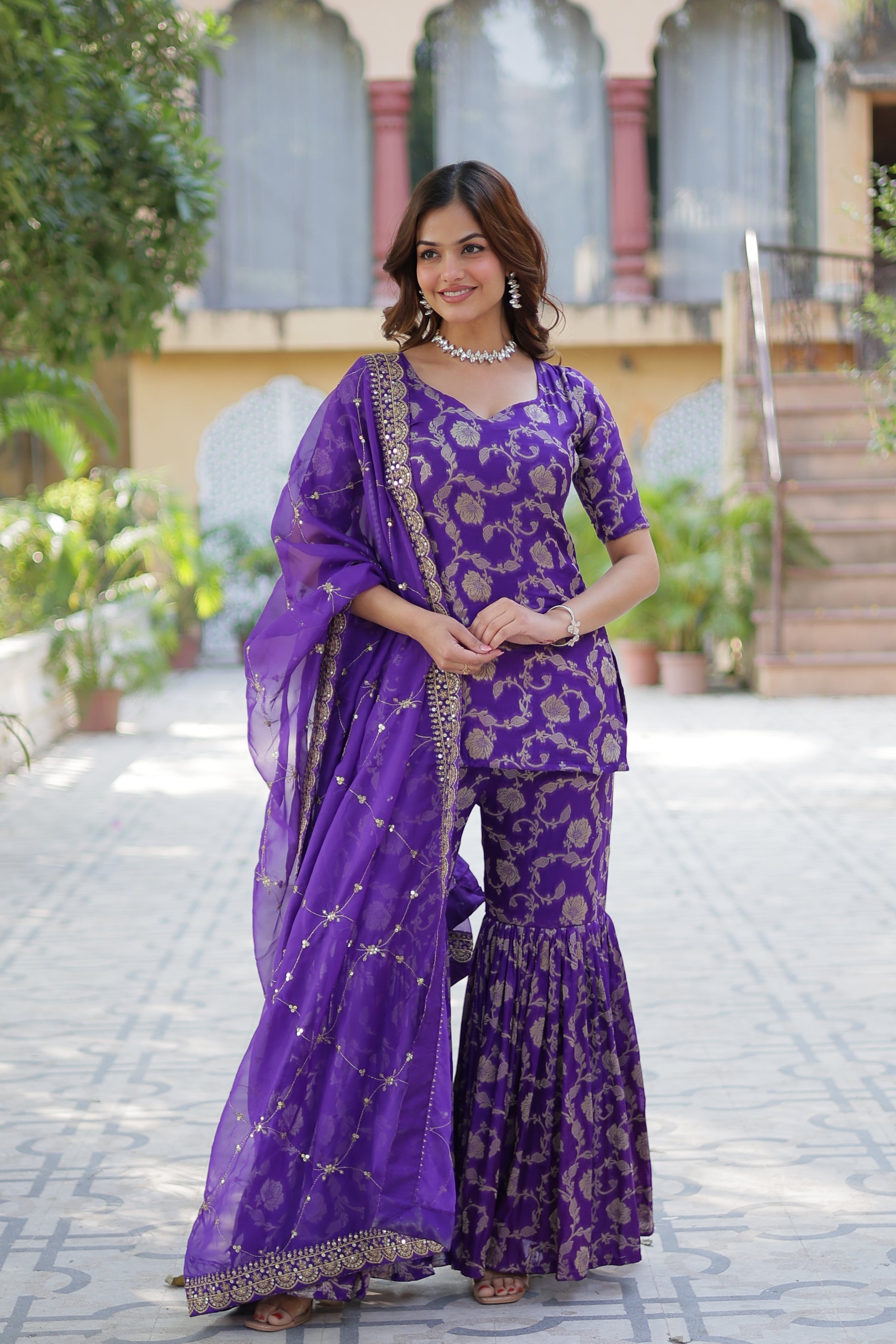 Purple viscose georgette jacquard Triya designer gharara suit