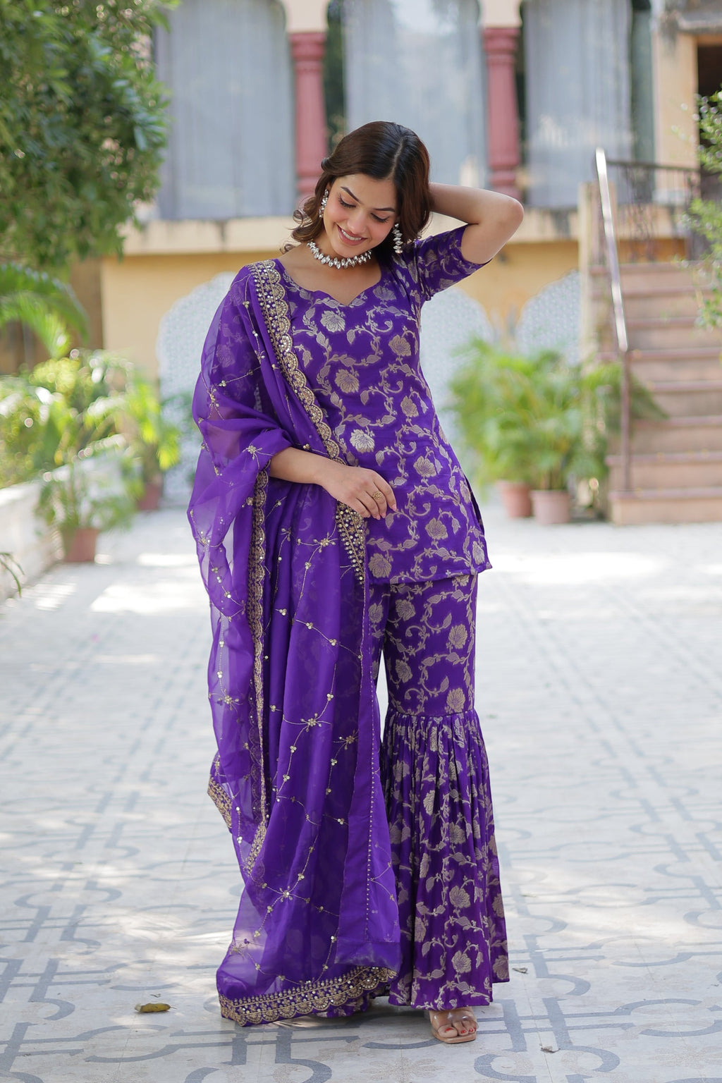 Purple viscose georgette jacquard Triya designer gharara suit