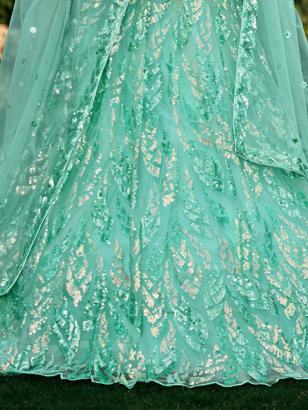 Turquoise Soft Net Lehenga Choli with Heavy Multi Sequins Embroidery and Lace Border Dupatta Perfect for Weddings and Glam Parties