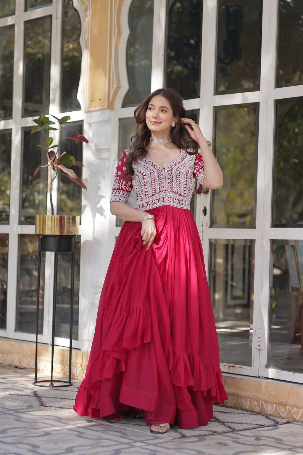 Umaira pink Indo-western embroidered kurti lehenga set for women featuring slit-cut long kurti with sequins, beads, and threadwork on star georgette fabric, paired with stitched lehenga and latkan detailing – ideal for weddings, festive functions, sangeet, and modern ethnic occasions.