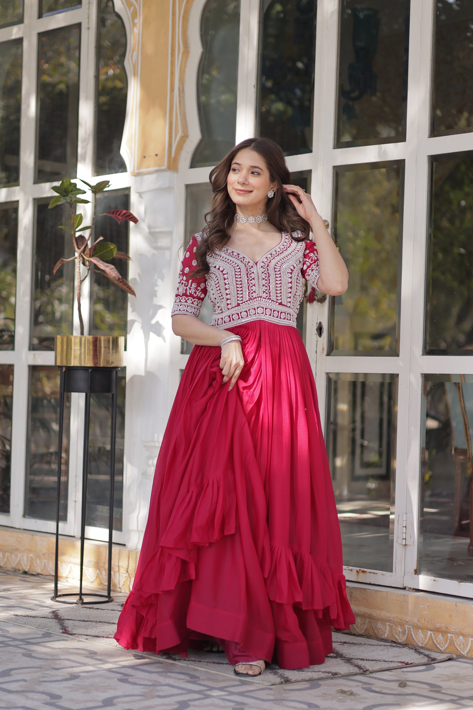 Umaira pink Indo-western embroidered kurti lehenga set for women featuring slit-cut long kurti with sequins, beads, and threadwork on star georgette fabric, paired with stitched lehenga and latkan detailing – ideal for weddings, festive functions, sangeet, and modern ethnic occasions.