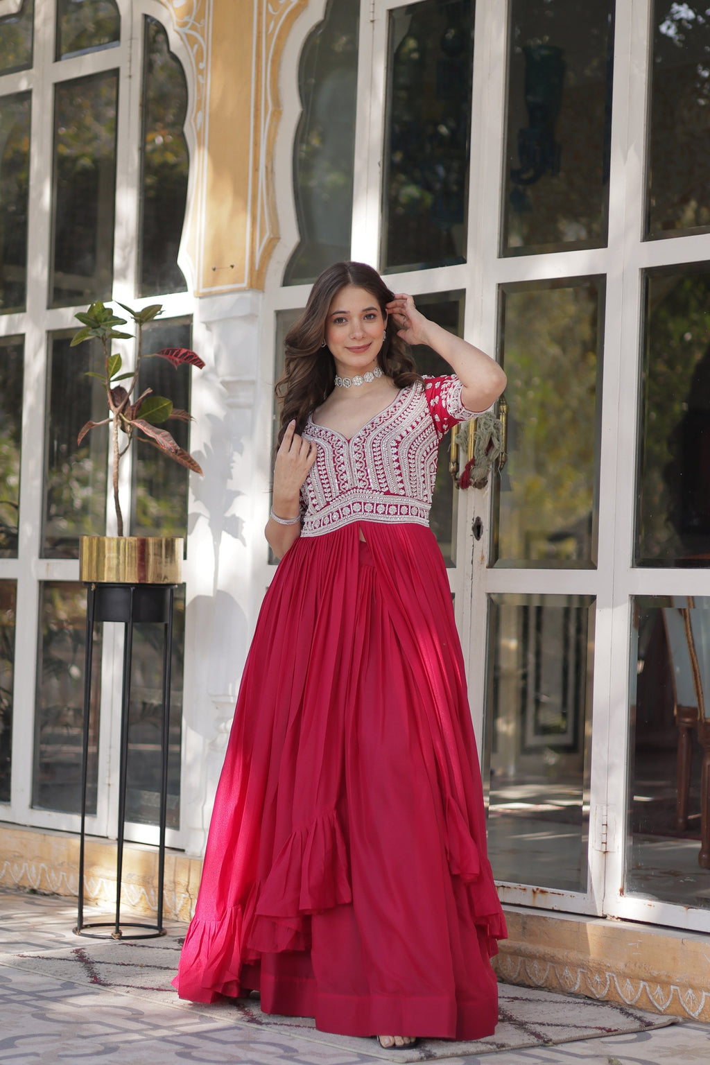 Umaira pink Indo-western embroidered kurti lehenga set for women featuring slit-cut long kurti with sequins, beads, and threadwork on star georgette fabric, paired with stitched lehenga and latkan detailing – ideal for weddings, festive functions, sangeet, and modern ethnic occasions.