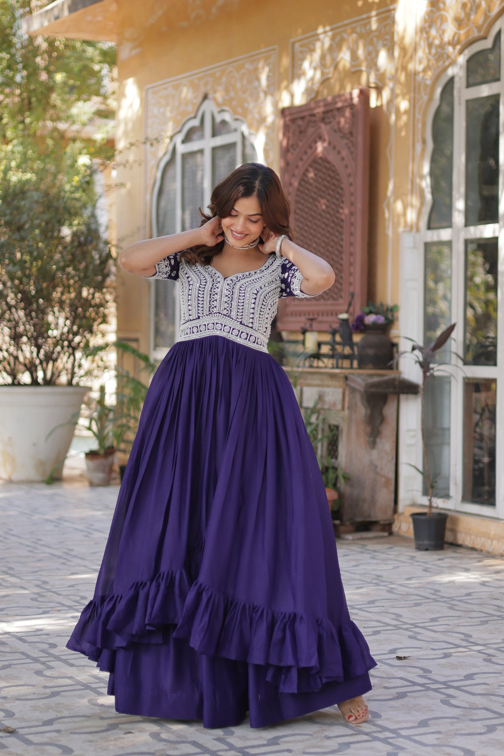  Umaira purple Indo-western kurti lehenga set featuring a slit-cut long embroidered kurti with bead and sequin work, paired with a fully stitched star georgette lehenga with cotton lining – ideal ethnic fusion outfit for weddings, festivals, and party wear in 2025.