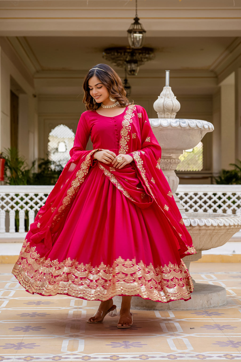 Pink star georgette sequins embroidered gown with dupatta