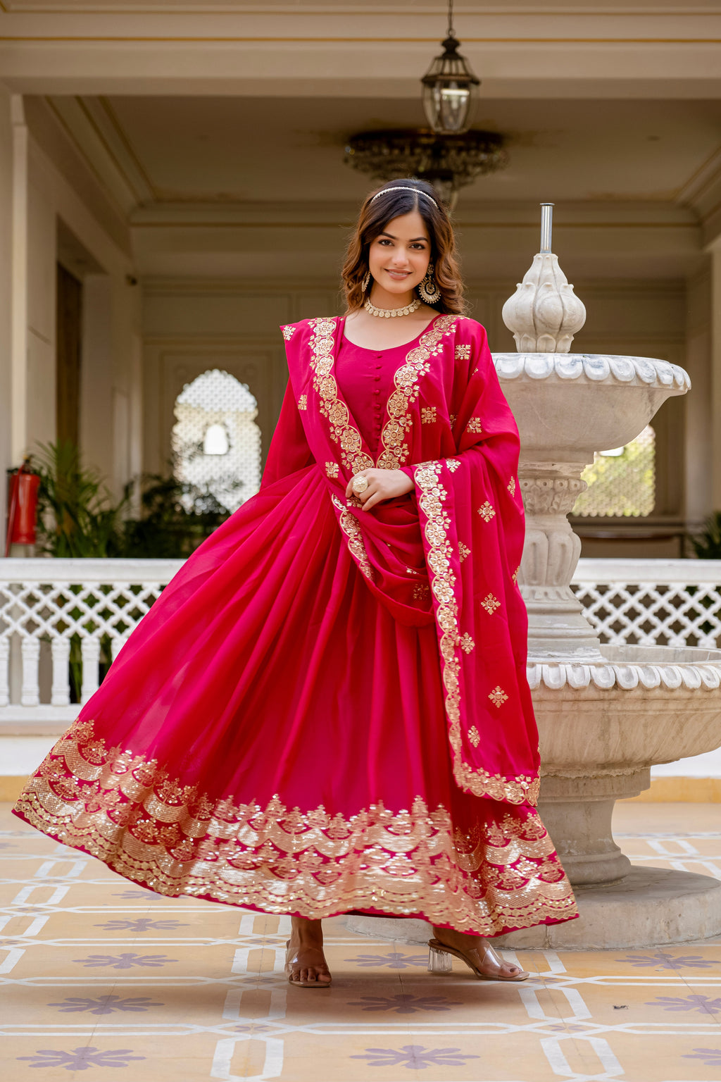 Pink star georgette sequins embroidered gown with dupatta