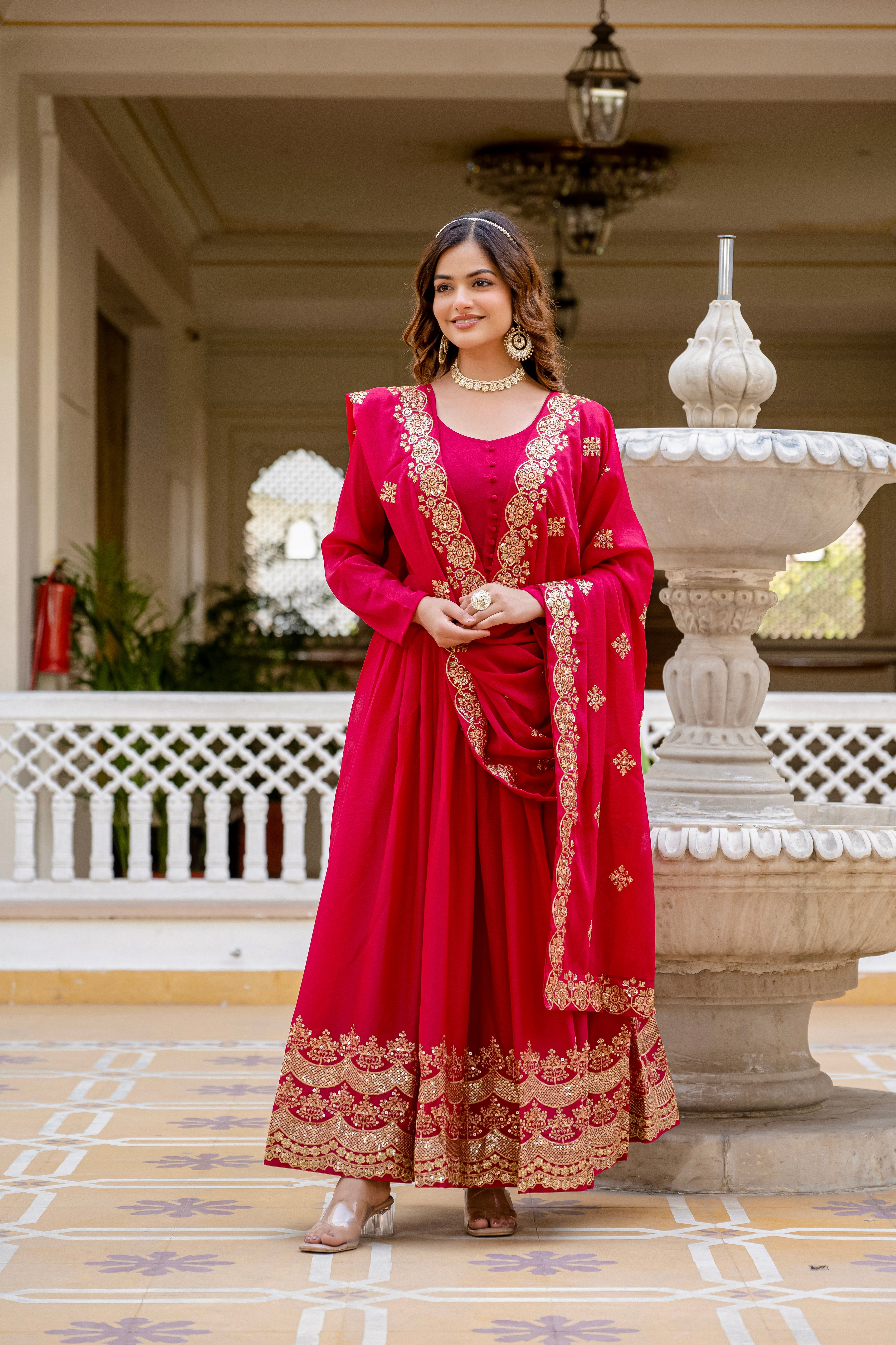Pink star georgette sequins embroidered gown with dupatta