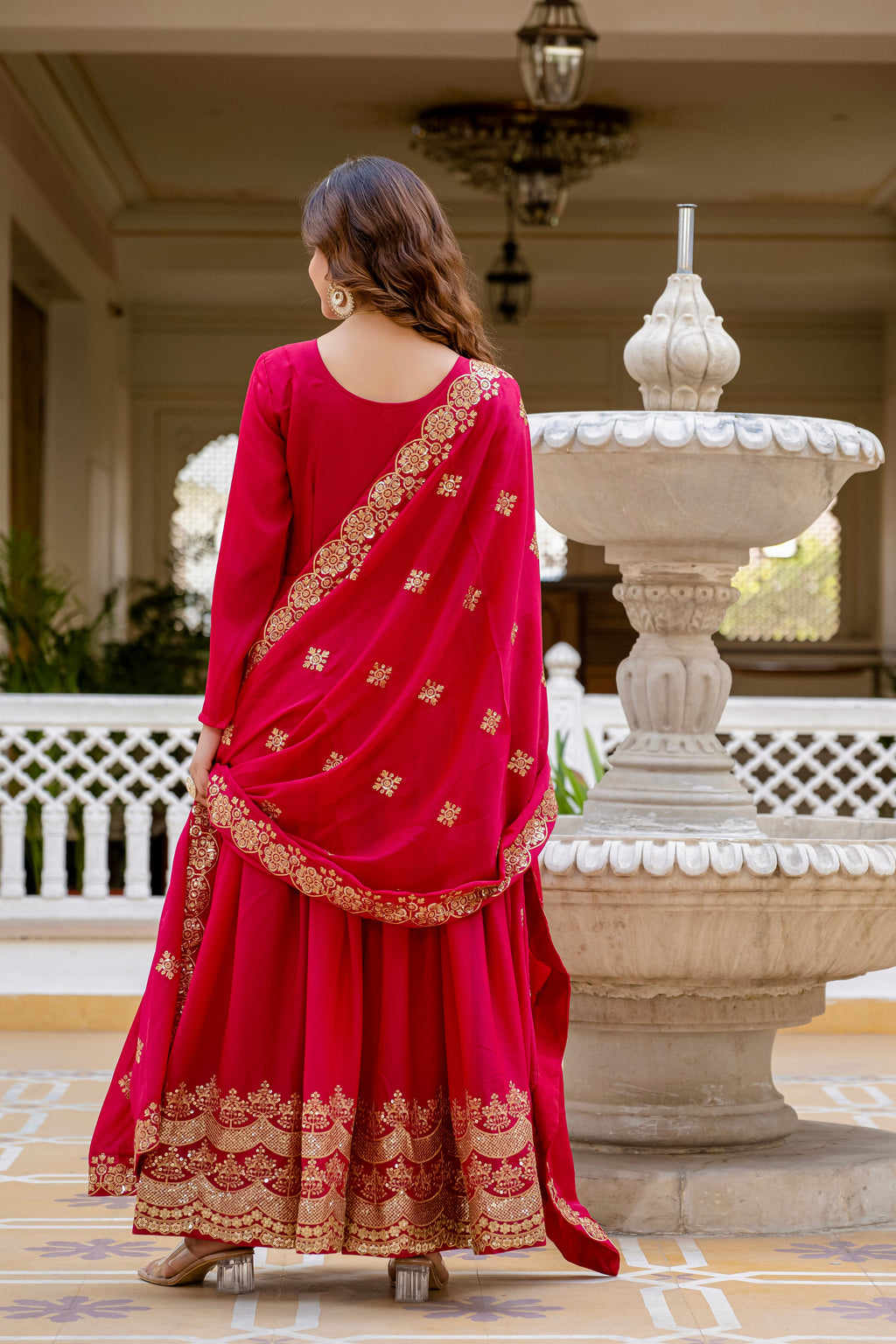 Pink star georgette sequins embroidered gown with dupatta