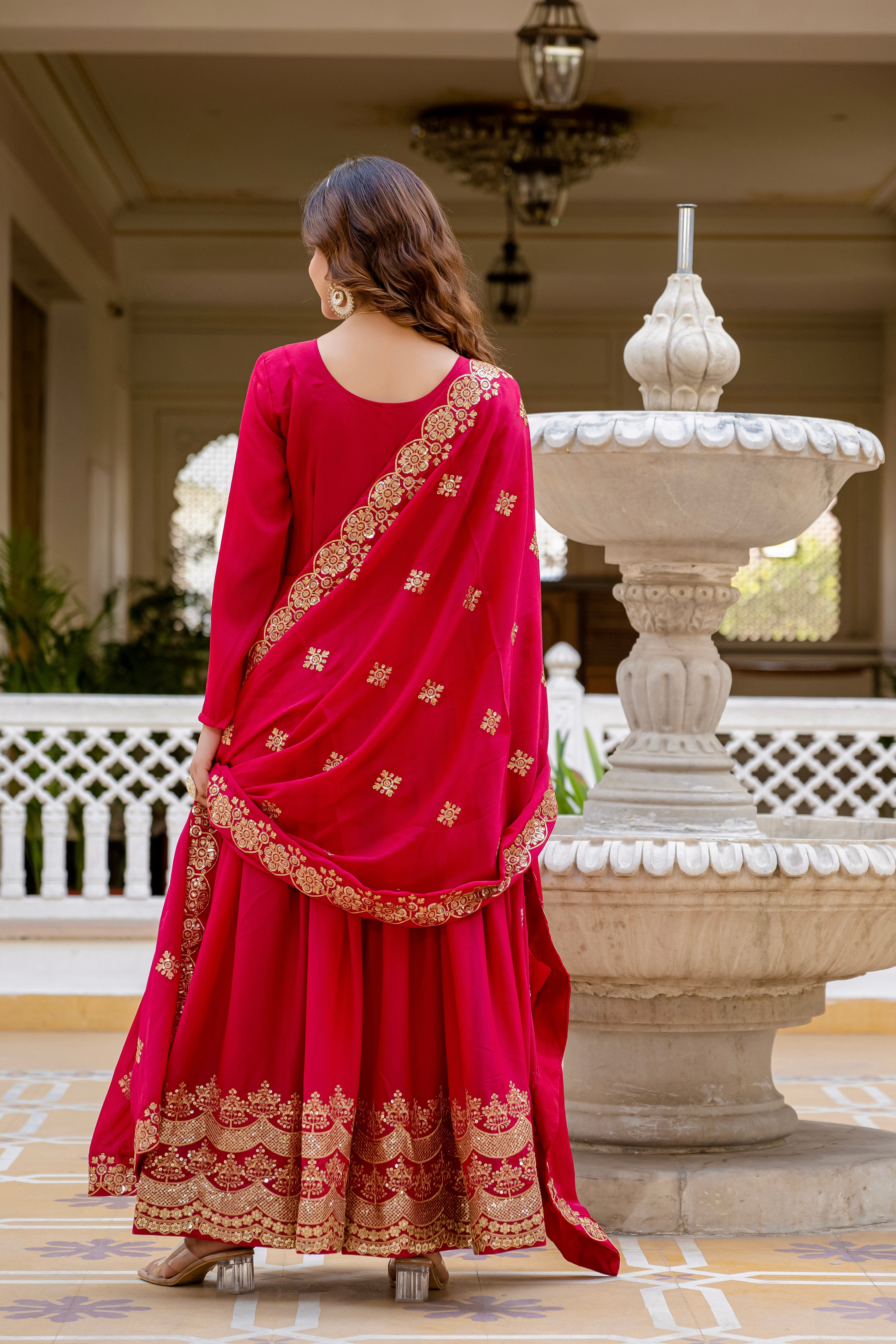 Pink star georgette sequins embroidered gown with dupatta