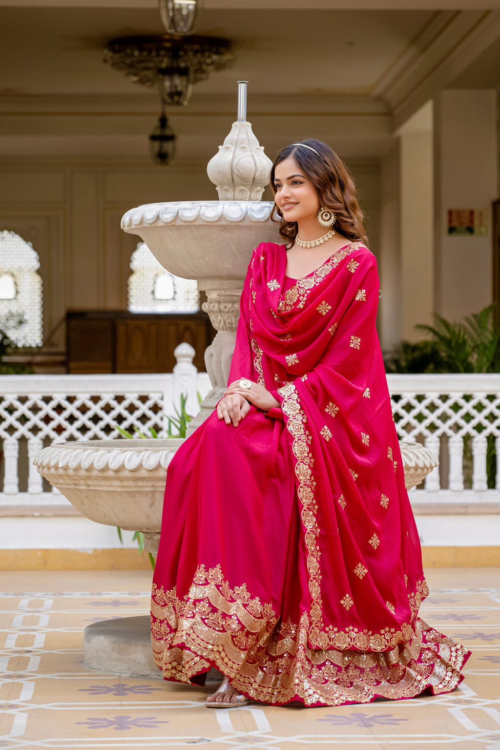 Pink star georgette sequins embroidered gown with dupatta