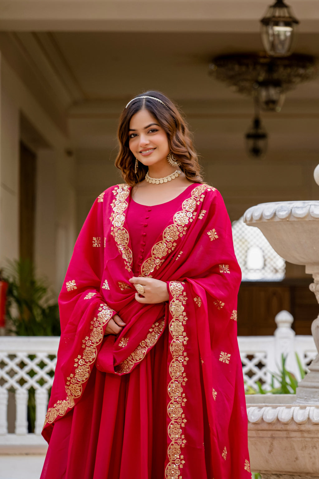 Pink star georgette sequins embroidered gown with dupatta