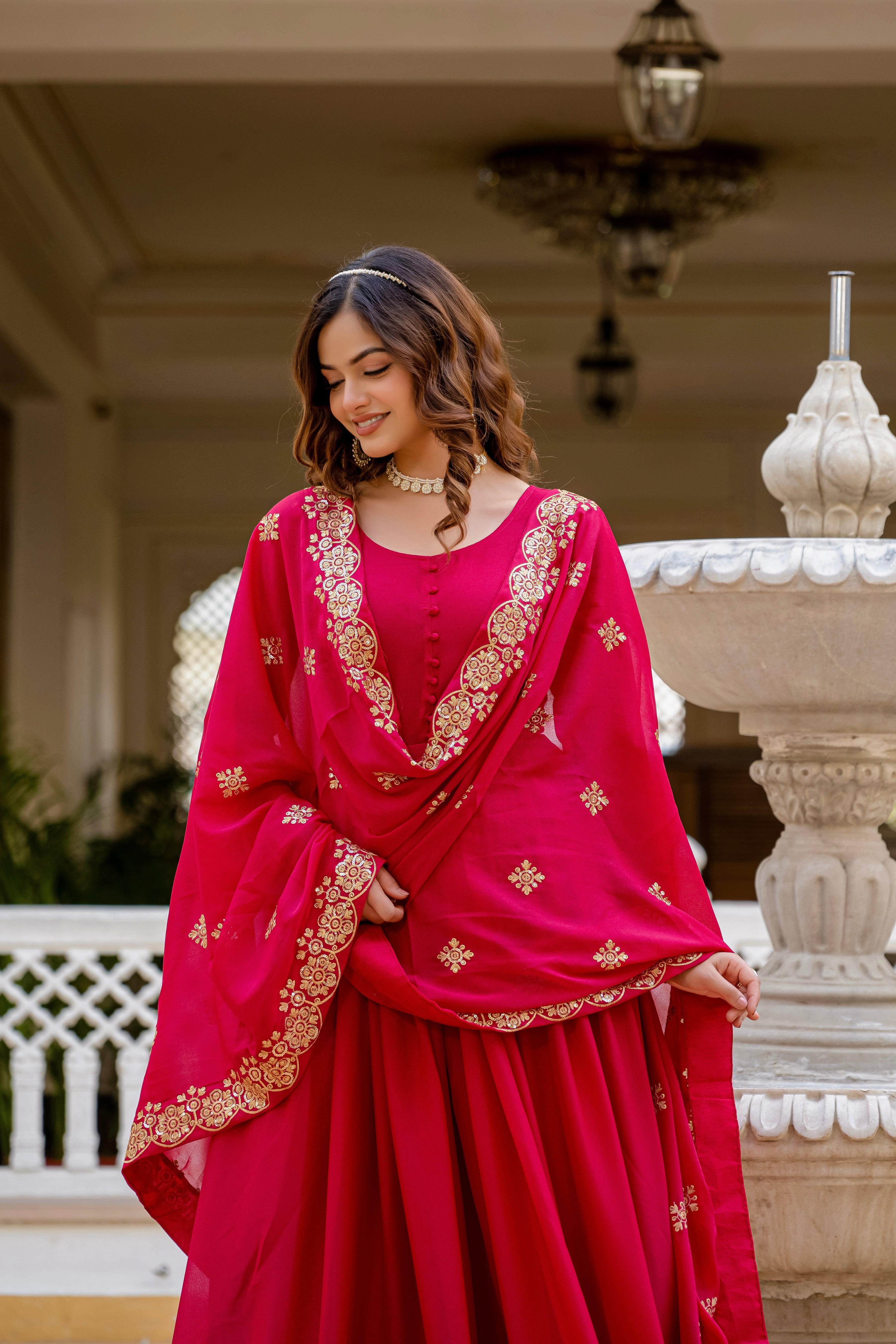 Pink star georgette sequins embroidered gown with dupatta