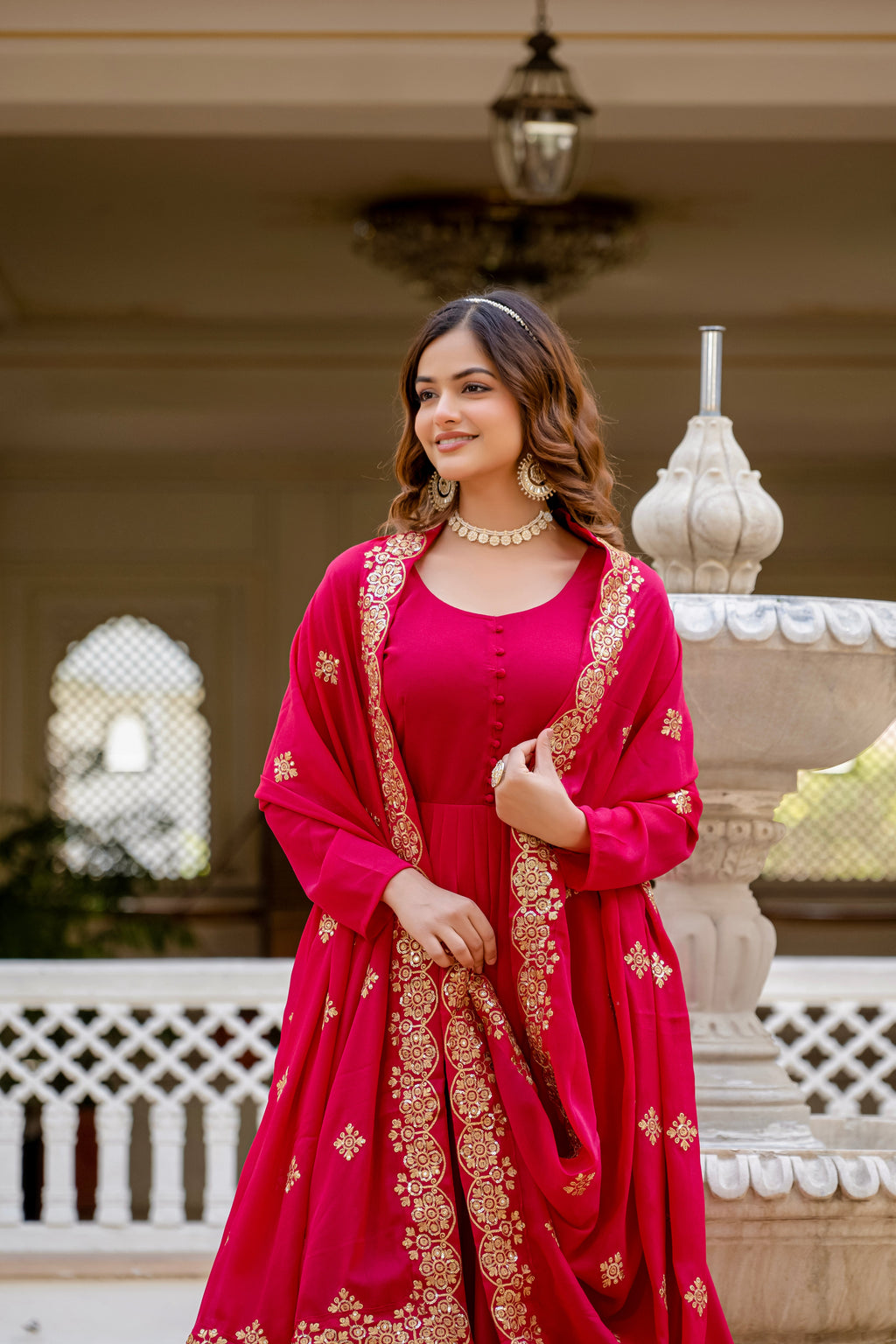 Pink star georgette sequins embroidered gown with dupatta