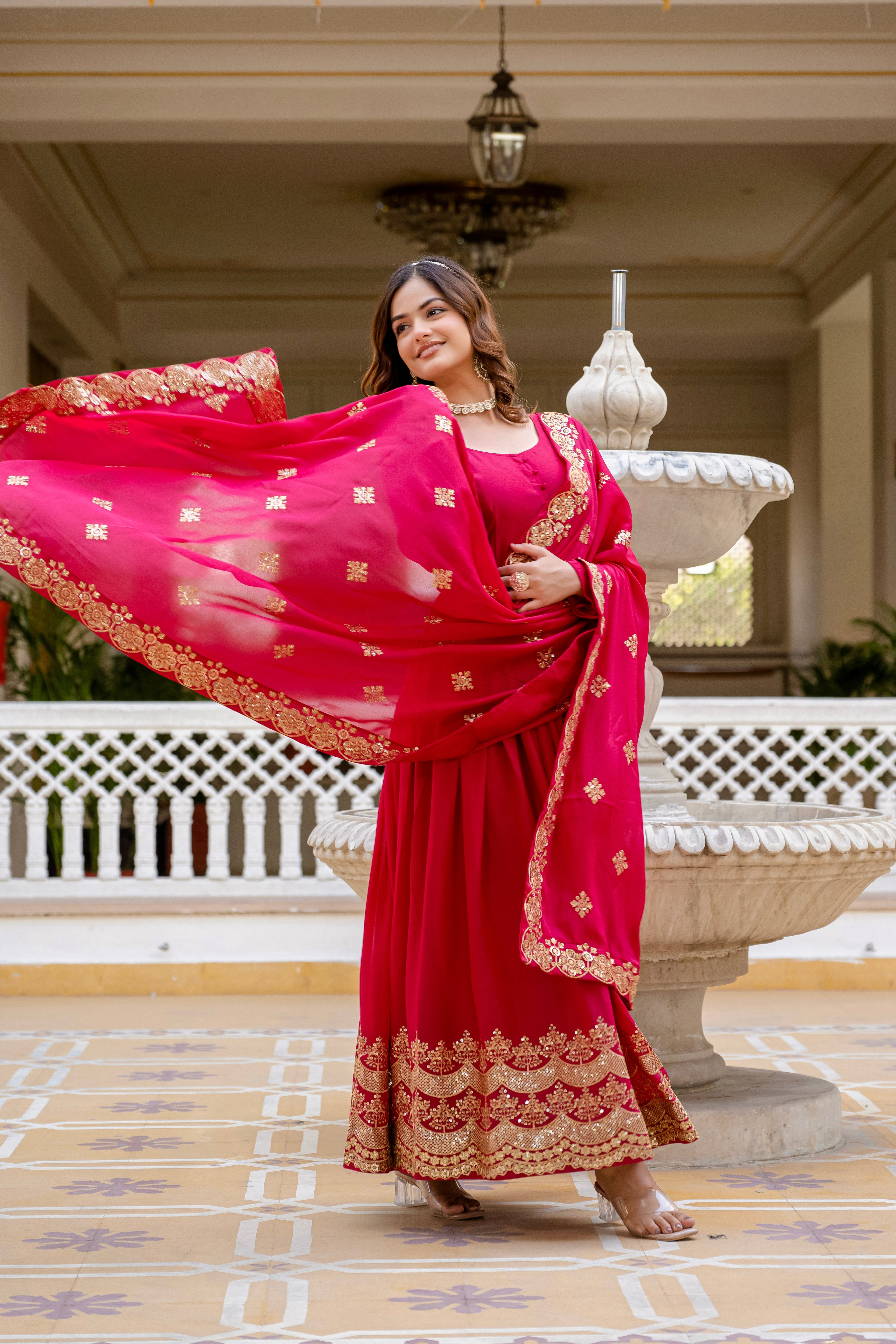 Pink star georgette sequins embroidered gown with dupatta